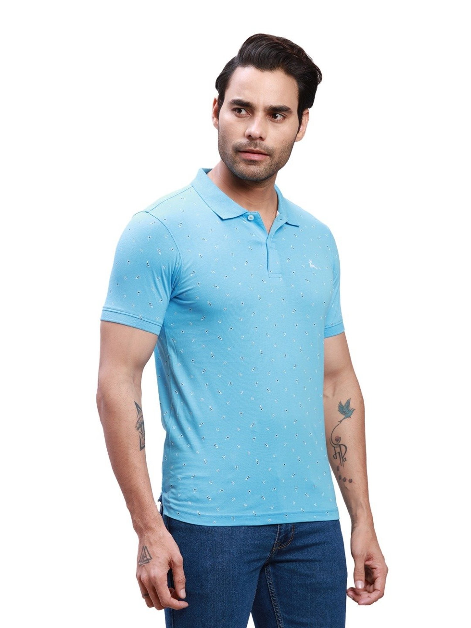 Parx Light Blue Cotton Regular Fit Printed Polo T-Shirt