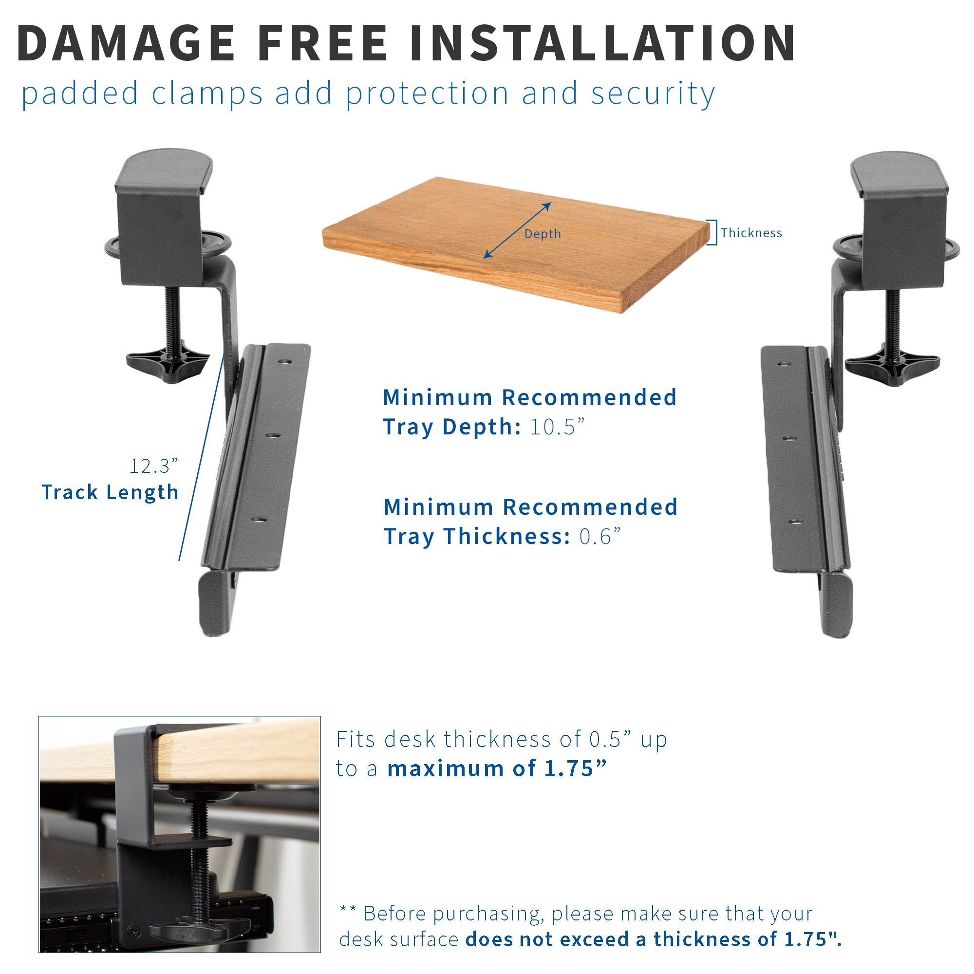 VIVO Under Desk Clamp and 12 inch Rail Set for DIY Custom Wooden Keyboard Trays (Tray Not Included) (MOUNT-RAIL02)