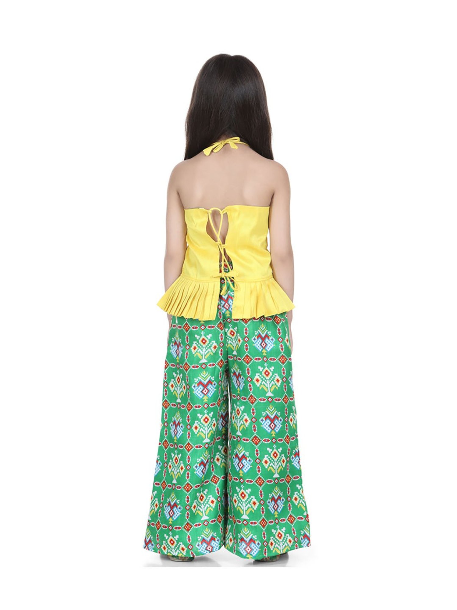 BownBee Kids Green & Yellow Printed Patola with Palazzo