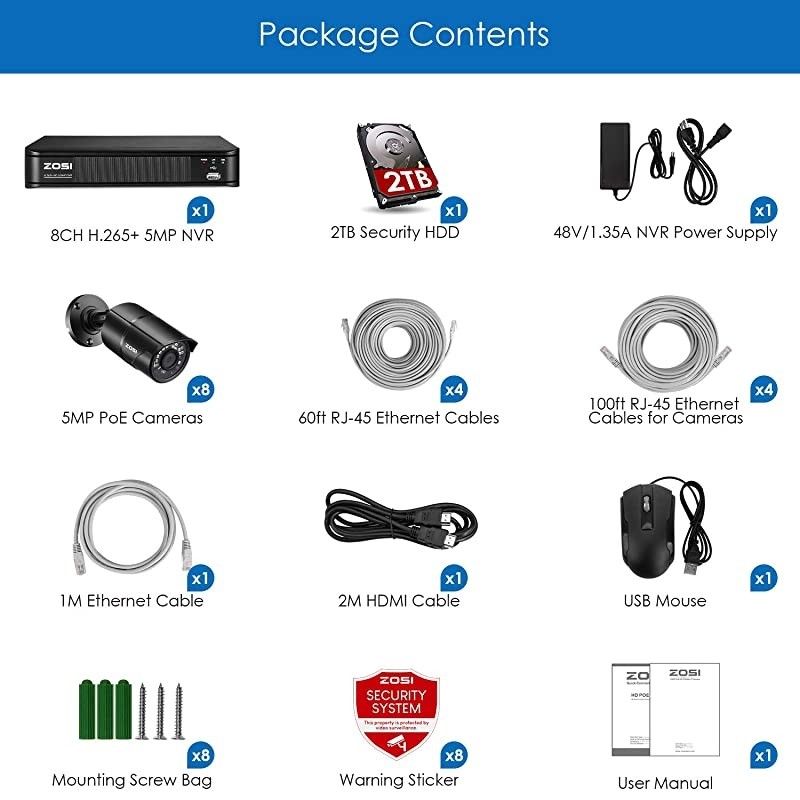 H.265+ 5MP PoE Home Security Camera System, 8 Channel PoE NVR Recorder with 2TB HDD for 24/7 Recording, 8X 5MP Weatherproof IP PoE Cameras Outdoor Indoor,120ft Night Vision, Remote Access