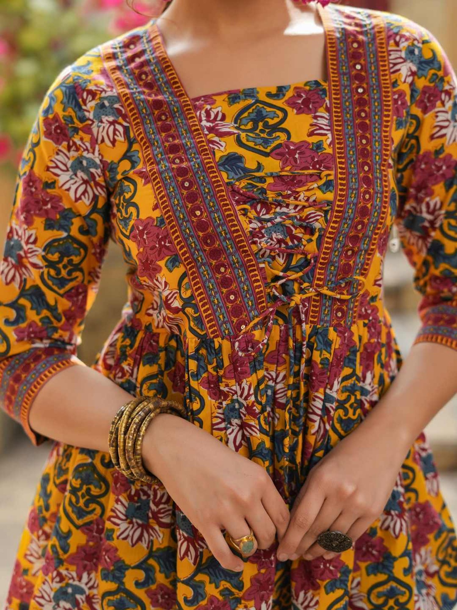 Rain and Rainbow Mustard Cotton Floral Print Top