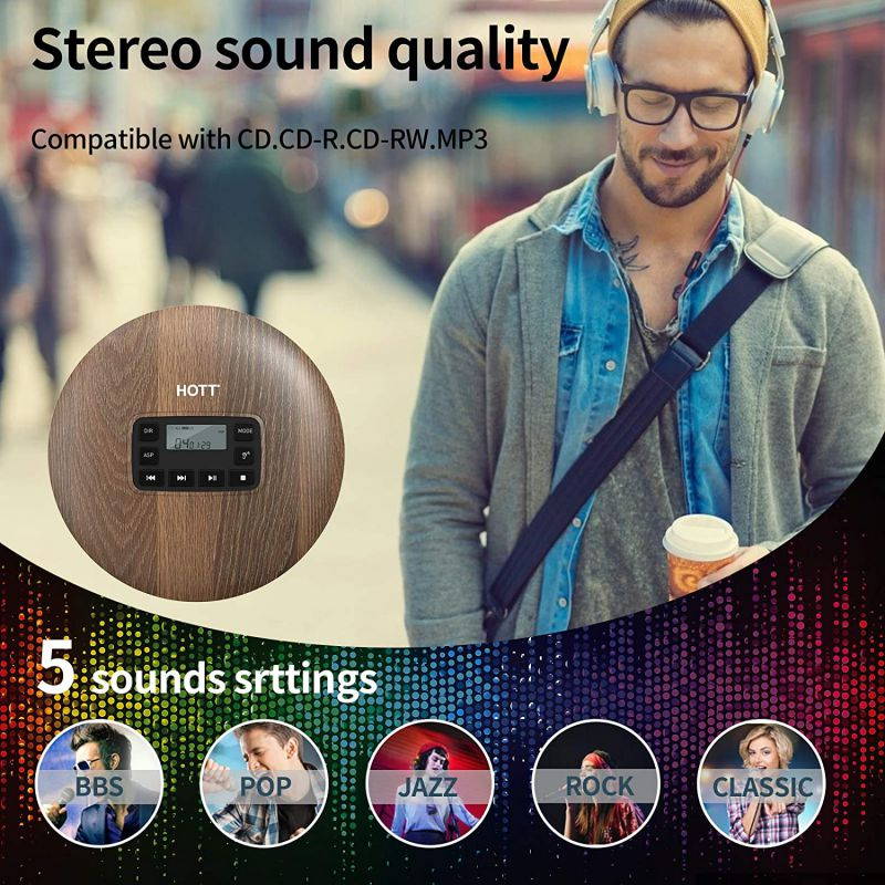 HOTT CD611 Portable CD Player for Home Travel and Car with Stereo Headphones, Anti-Shock ,Wood Grain Pattern