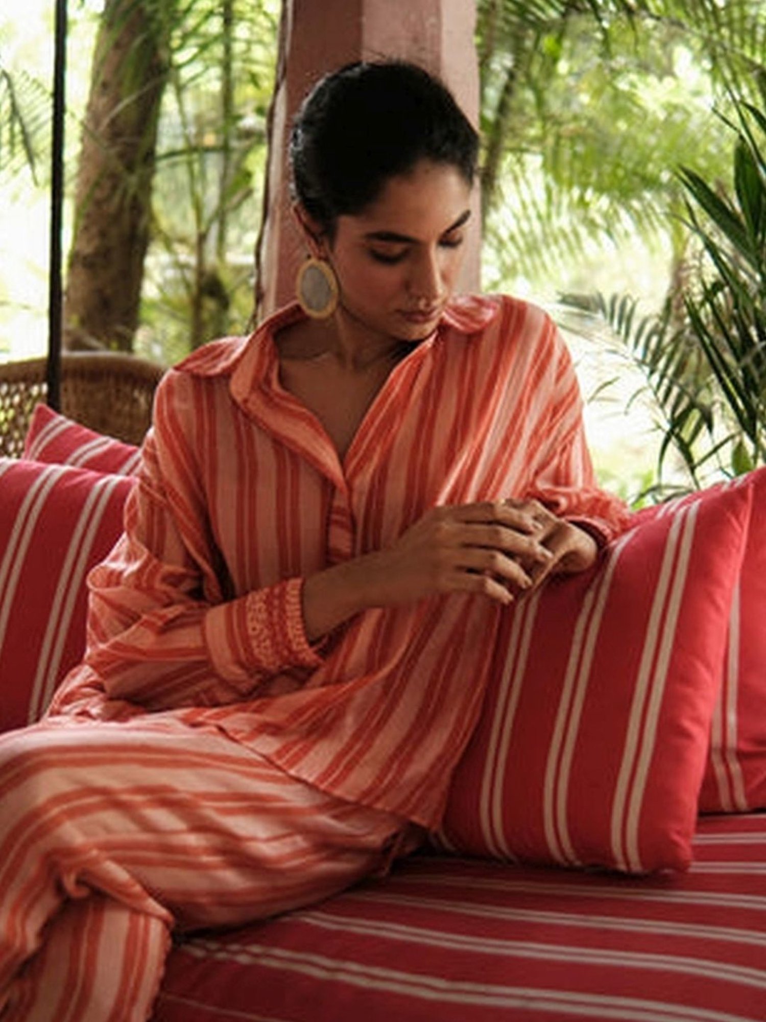 Khajoor Studio Pink & Red Bageecha Trellis Stripes Statement Shirt