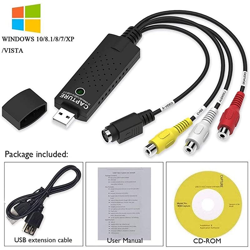 2.0 Audio/Video Converter, VHS to Digital Converter, Video Capture Card VCR TV to DVD Converter for Mac, PC Support Windows 2000/10 / 8/7 / Vista/XP/Android