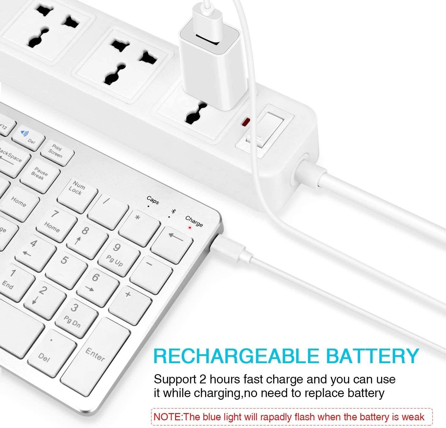 Bluetooth Keyboard, Rechargeable Portable BT Wireless Keyboard with Number Pad Full Size Design for Laptop Desktop PC Tablet, Windows iOS Android (Silver)