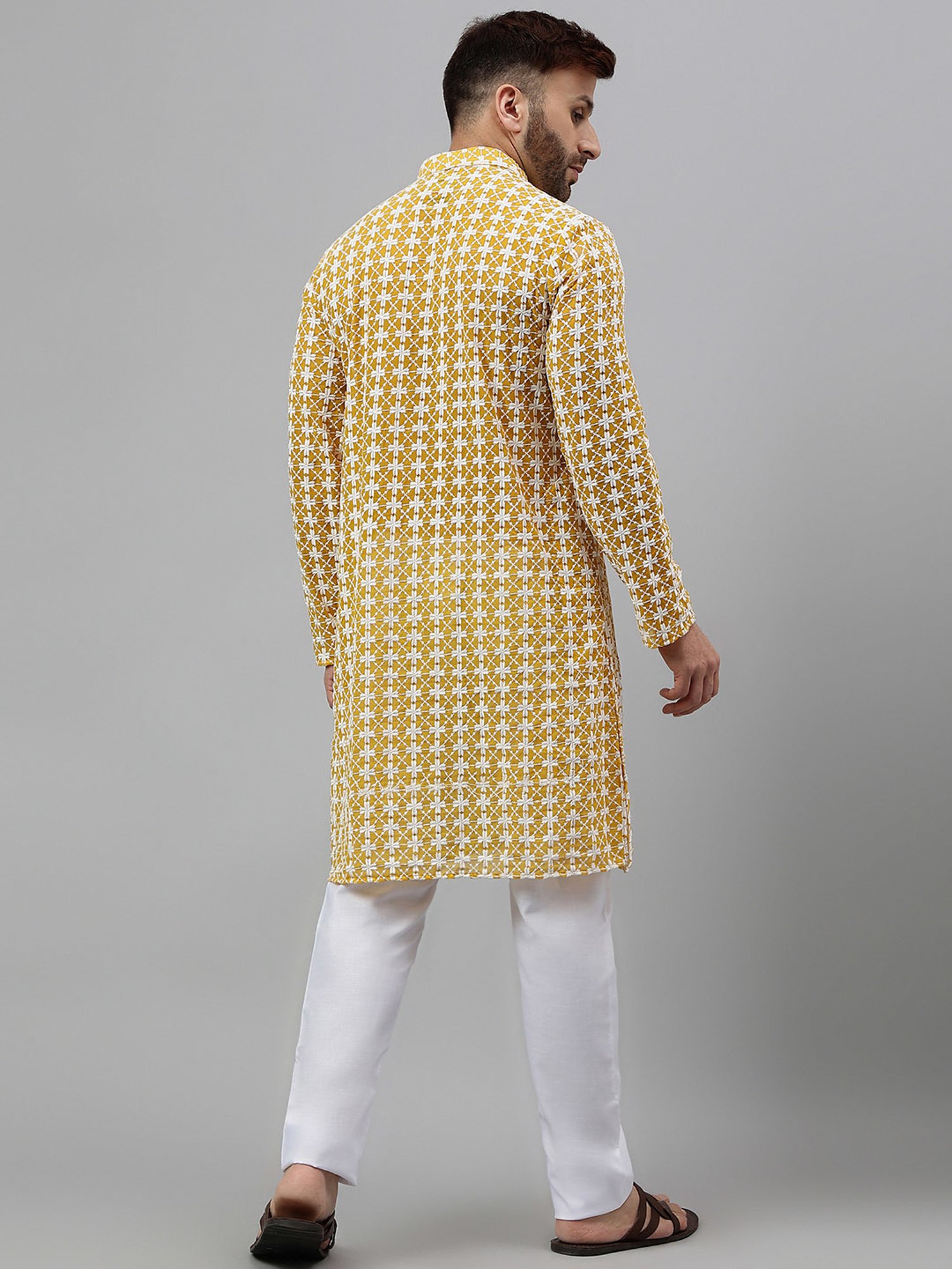 Hangup Mustard & White Regular Fit Embroidered Kurta & Pyjamas Set