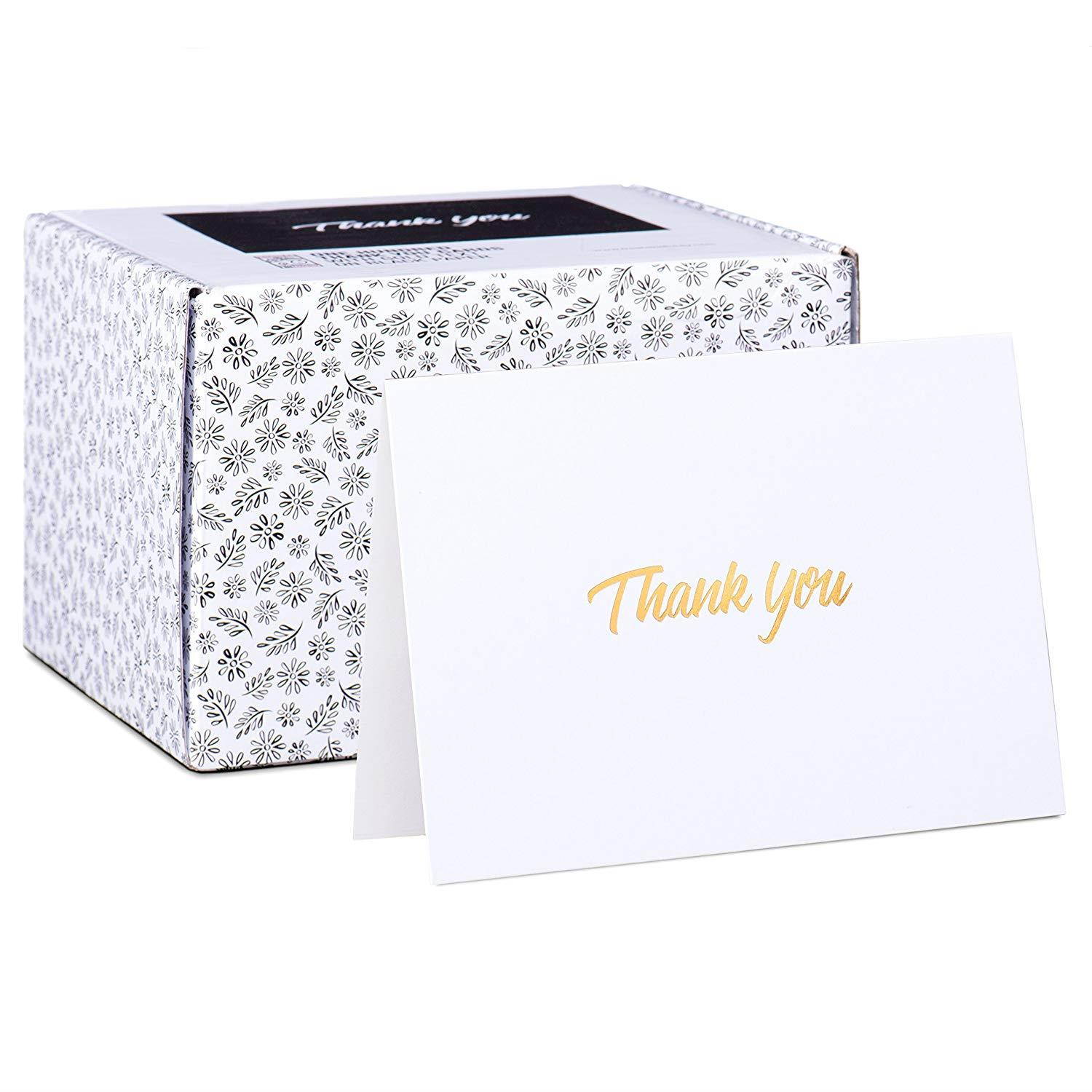 100 Thank You Cards - White Bulk Note Cards with Gold Foil Embossed Letters - Perfect for Your Wedding, Baby Shower, Business, Graduation, Bridal Shower, Birthday, Engagement