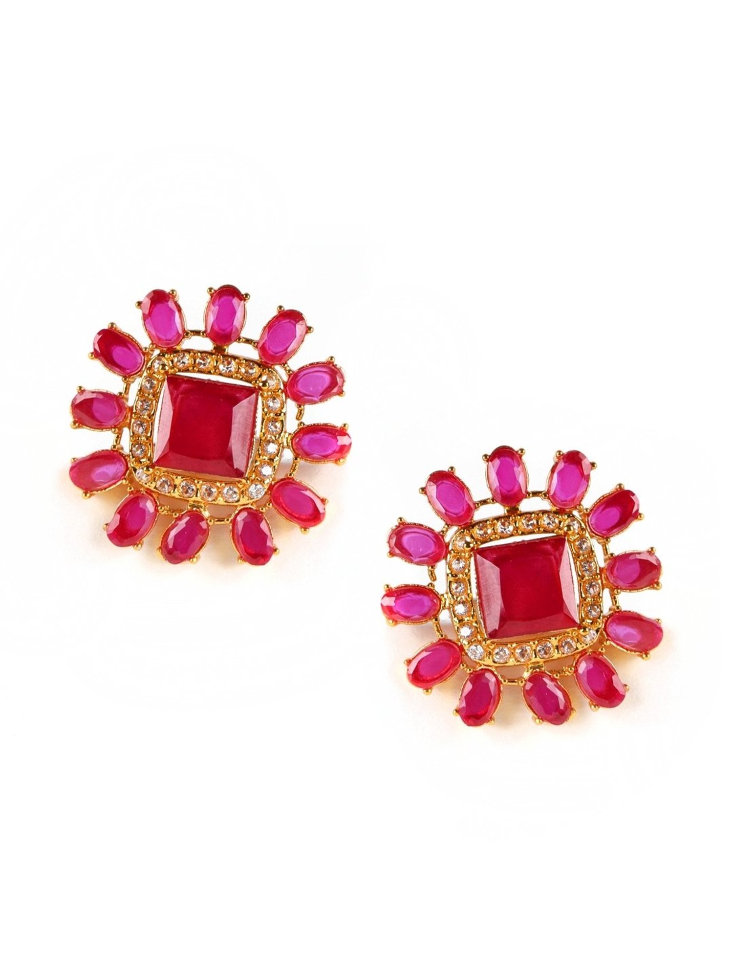 Aatmana Gold-Plated Marron & Ruby Studded Floral Stud Earrings for Women