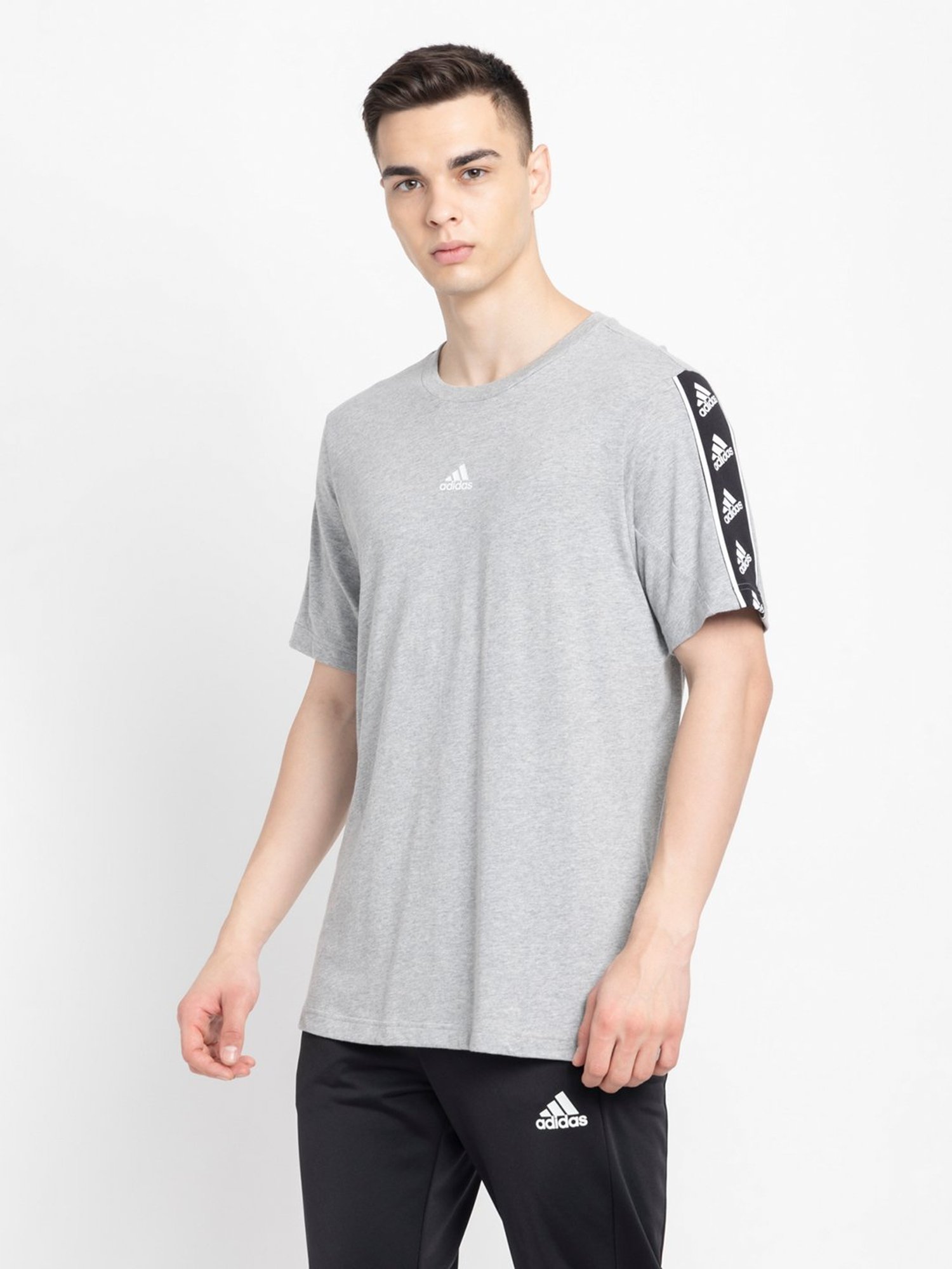 adidas Grey Melange Regular Fit Logo Print Cotton Sports T-Shirt