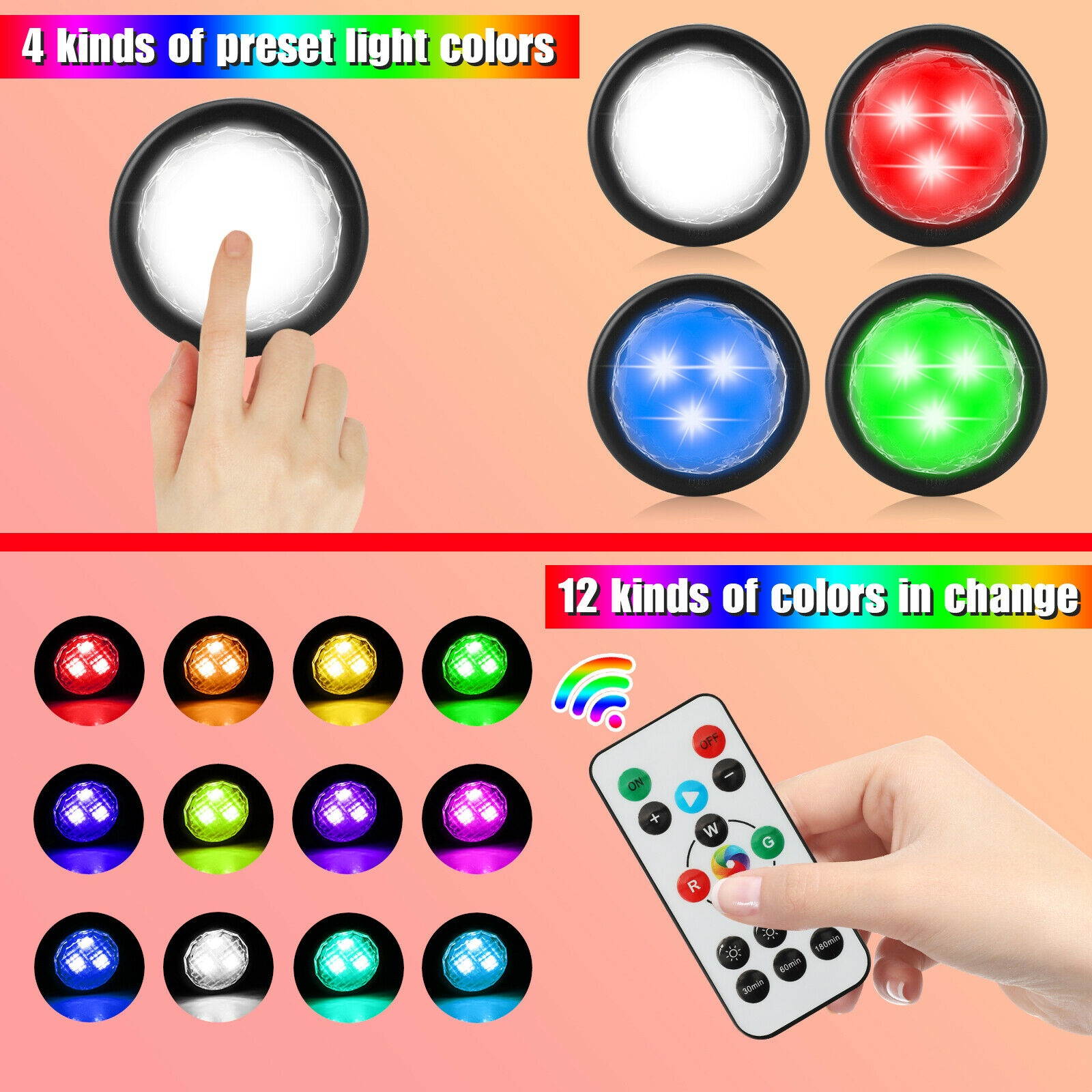 6Pcs Wireless RGB Puck LED Night Light Remote Battery Under Cabinet Closet Stick