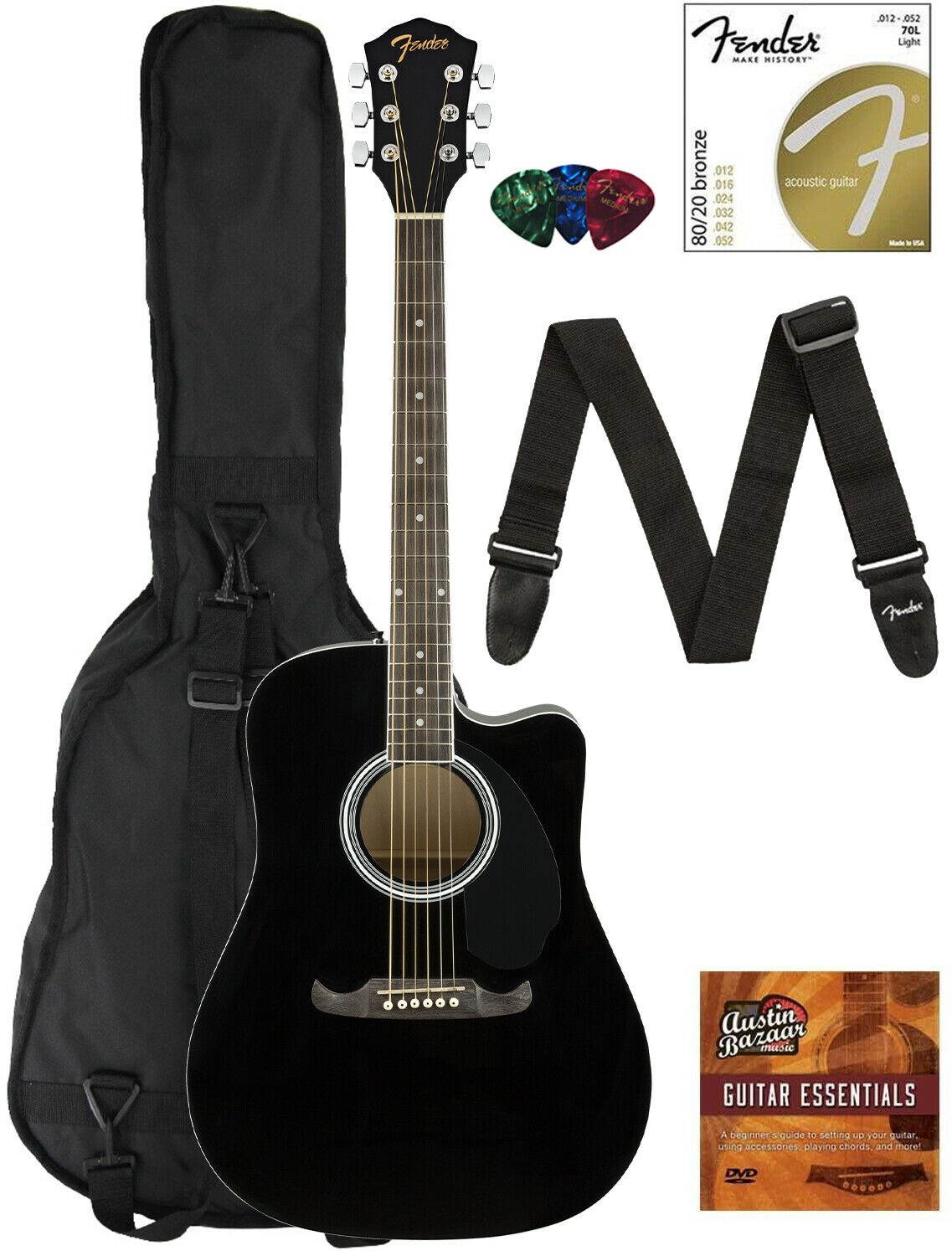 Fender FA-125CE Dreadnought Cutaway Acoustic-Electric Guitar - Black w/ Gig Bag