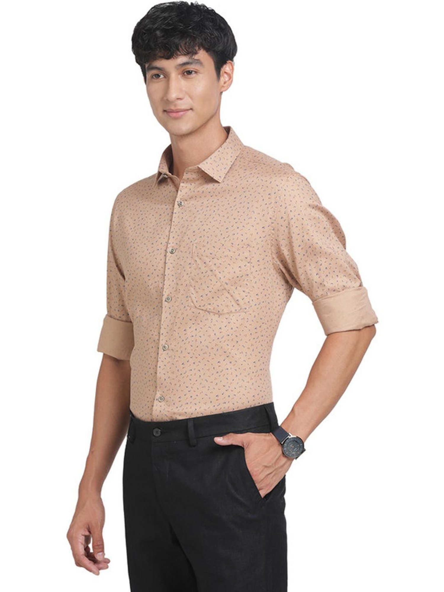 Turtle Beige Cotton Regular Fit Printed Shirt
