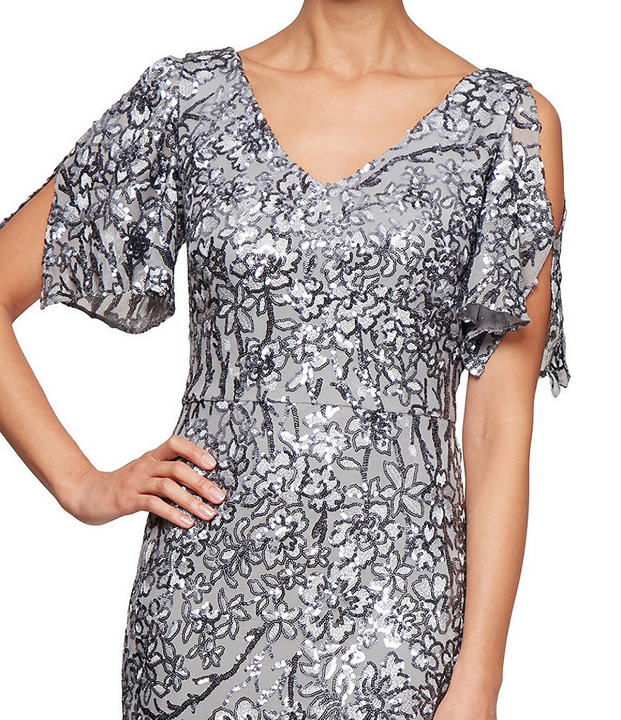 Alex Evenings Sequin A-Line Flutter Cold Shoulder Sleeve V-Neck Long Gown