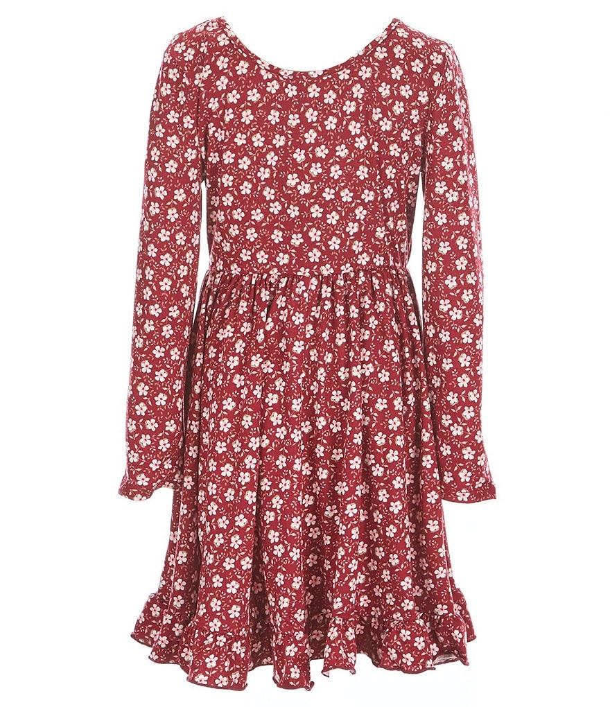 Zunie Big Girls 7-16 Long-Sleeve Ditsy Print Ruffle Hem Babydoll Dress