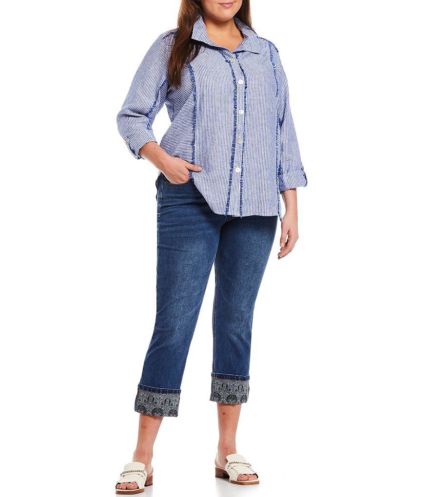 John Mark Plus Size Yarn Dye Stripe Fringe Trim Wire Point Collar Neck Button Down Roll-Tab Long Sleeve Blouse