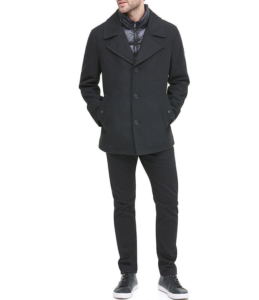 DKNY Long-Sleeve Nylon Quilted-Bib Wool-Blend Peacoat