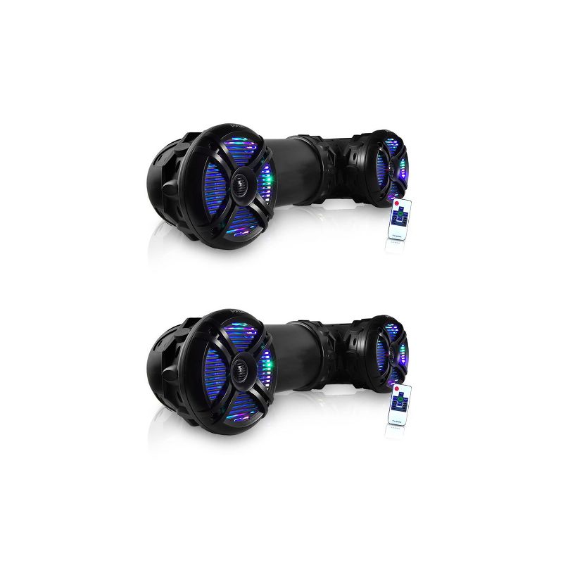 Pyle 2 x PLATV65BT.5 800 Watt Marine Portable Waterproof Bluetooth Speaker w/ Colorful LED Lights for Off Road Vehicle, ATV, UTV, & Golf Cart (2 Pack)