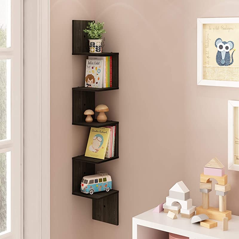 5 Tier Wall Mount Floating Corner Square Shelf, Espresso
