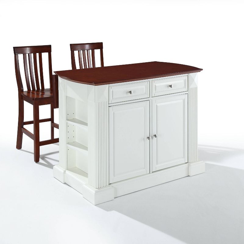 Coventry Drop Leaf Top Kitchen Island with 2 School House Stools White - Crosley