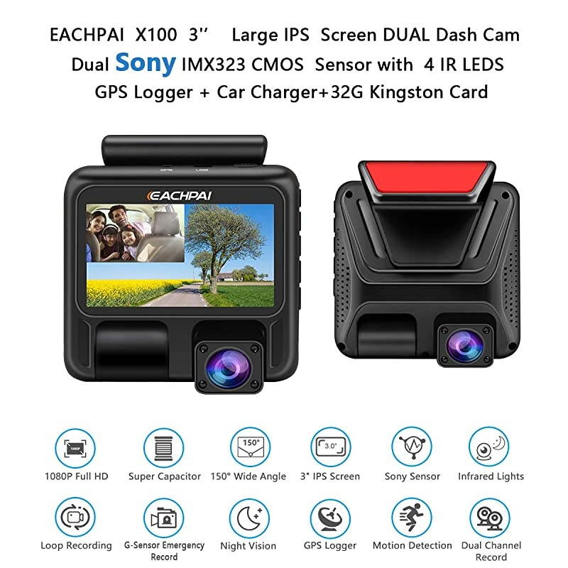 Dash Cam for Cars , EAHCPAI E100 Pro Dash Camera Dual Front and Rear with WI-FI, GPS, Motion Detection , Parking Monitor , G-Sensor , Loop Recording, WDR