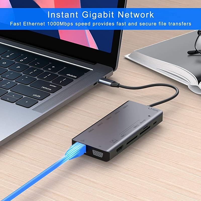 USB C Docking Station,  13-in-1 USB-C HUB, MacBook Type-C Adapter with 4K HDMI, VGA, PD, Ethernet, 3USB 2.0, 2USB 3.0, 3SD/TF Card Slots, Audio, for MacBook/HP/Dell/Surface/Lenovo Laptop