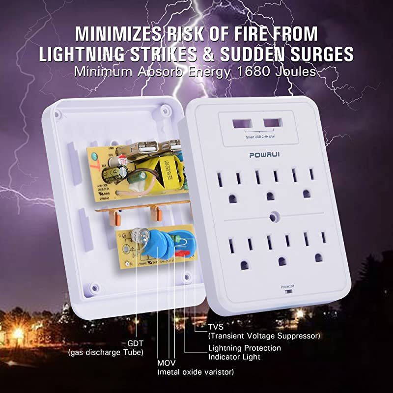 Surge Protector USB Wall Charger with 2 USB Charging PortsSmart 24A Total 6Outlet Extender and Top Phone Holder for Your Cell Phone White ETL Listed