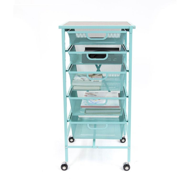 Origami Wheeled Folding Steel 5 Drawer Storage Kitchen Cart Wood Top, Turquoise