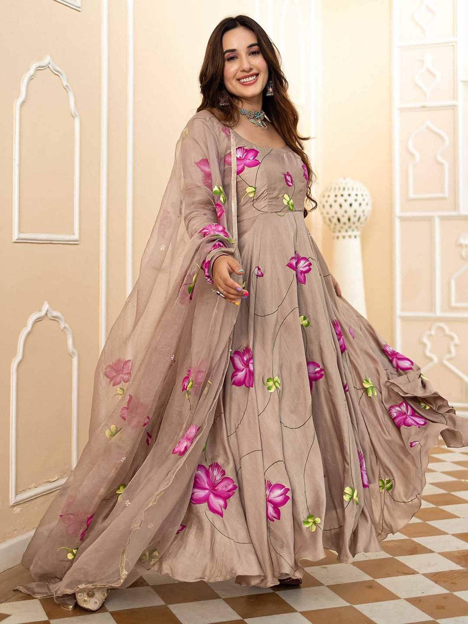 AACHHO Light Brown Brindha Hand Painted Suit Set