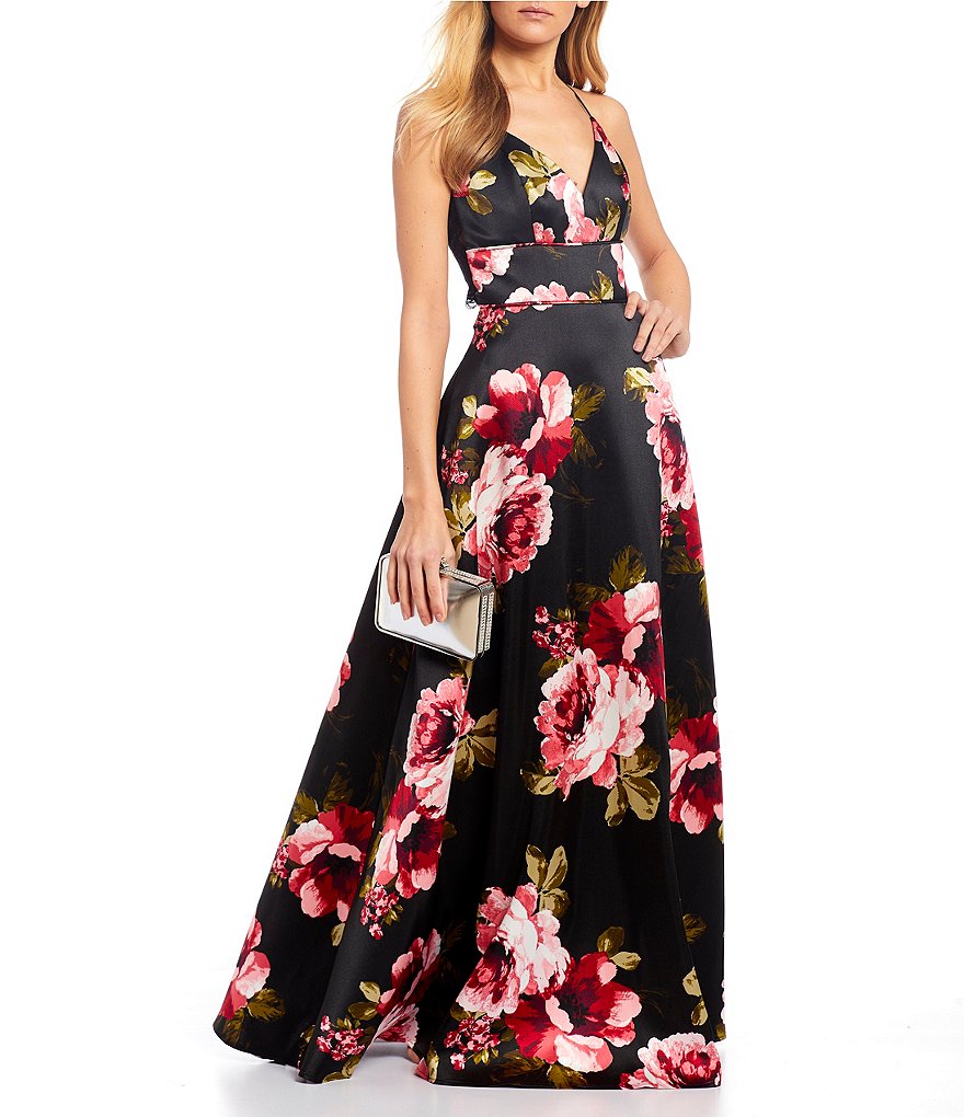 Sequin Hearts Satin Spaghetti Strap Lace-Bra-Back Floral Ball Gown