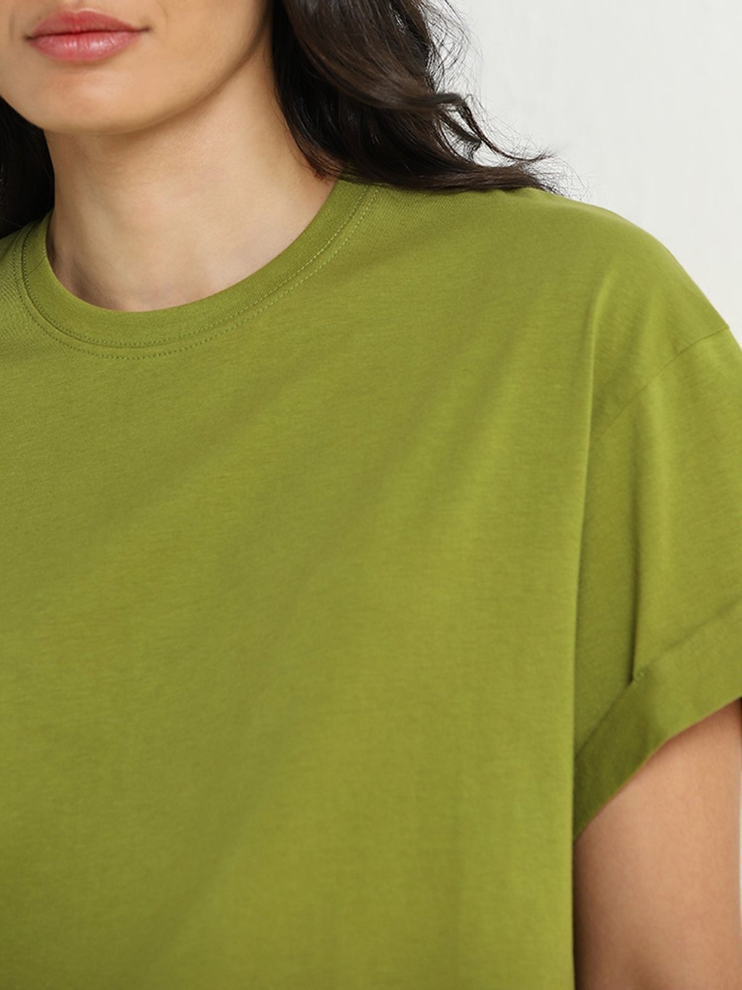 Wunderlove by Westside Light Olive Solid Cotton T-Shirt
