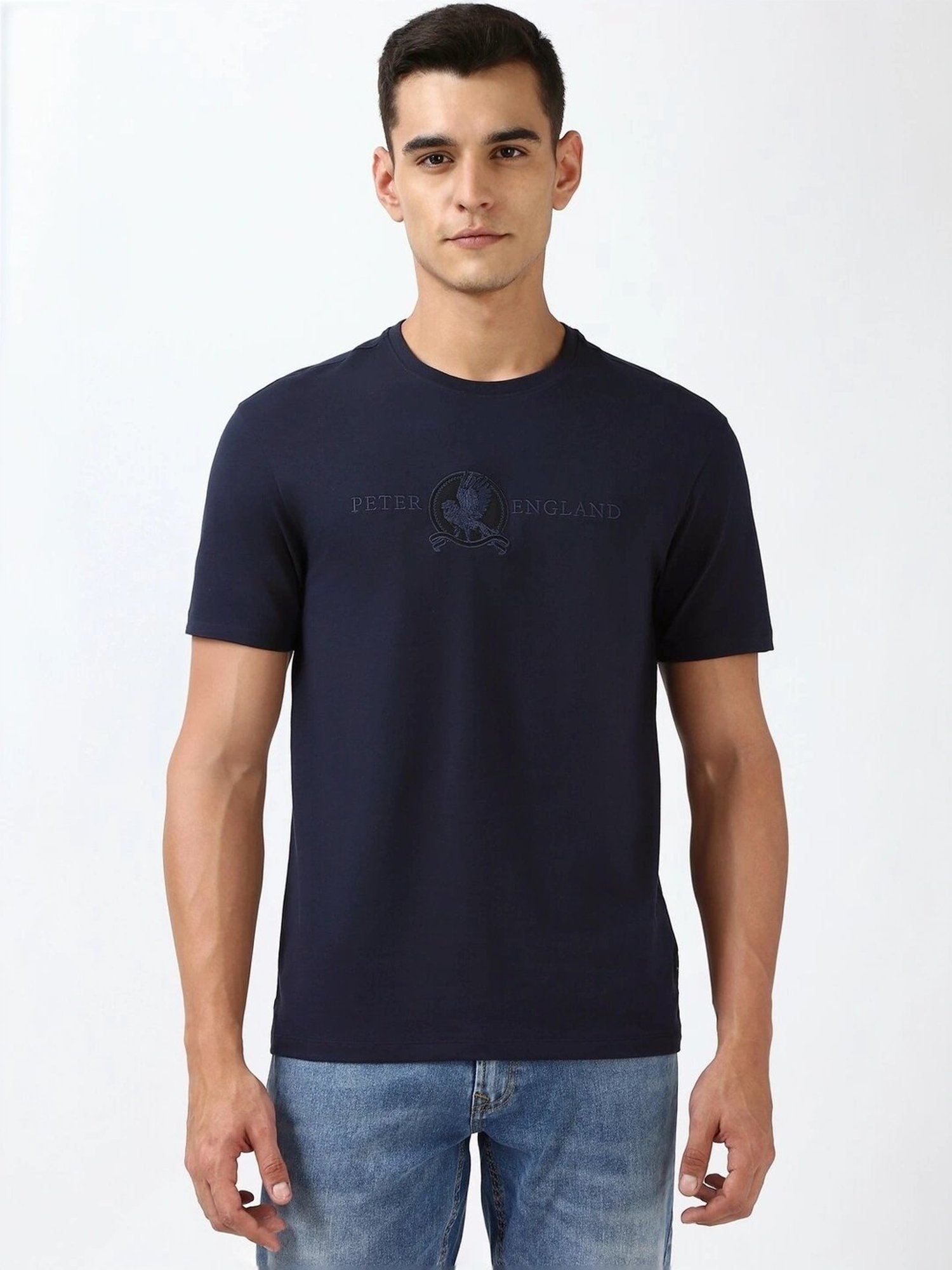 Peter England Navy Regular Fit Embroidered T-Shirt
