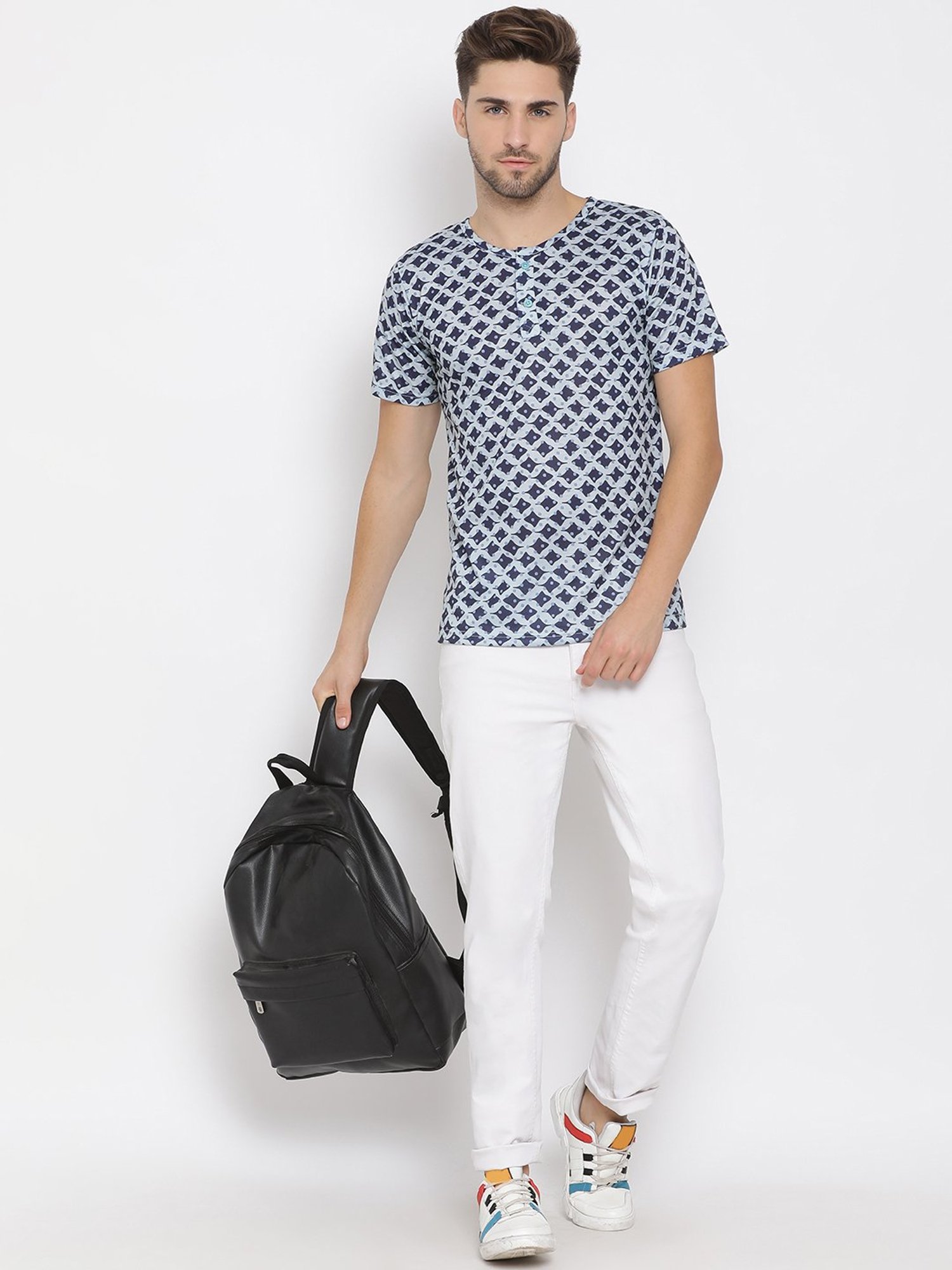 Hangup Plus Navy & Grey Regular Fit Printed Henley T-Shirt