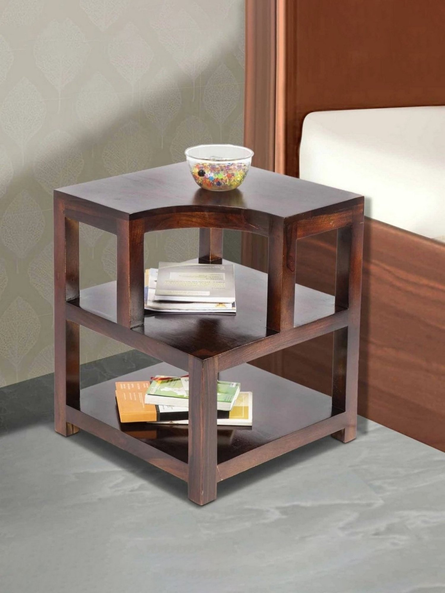 Ikiriya Aural Solid Dark Brown Wood Bedside Table Dark Walnut Finish