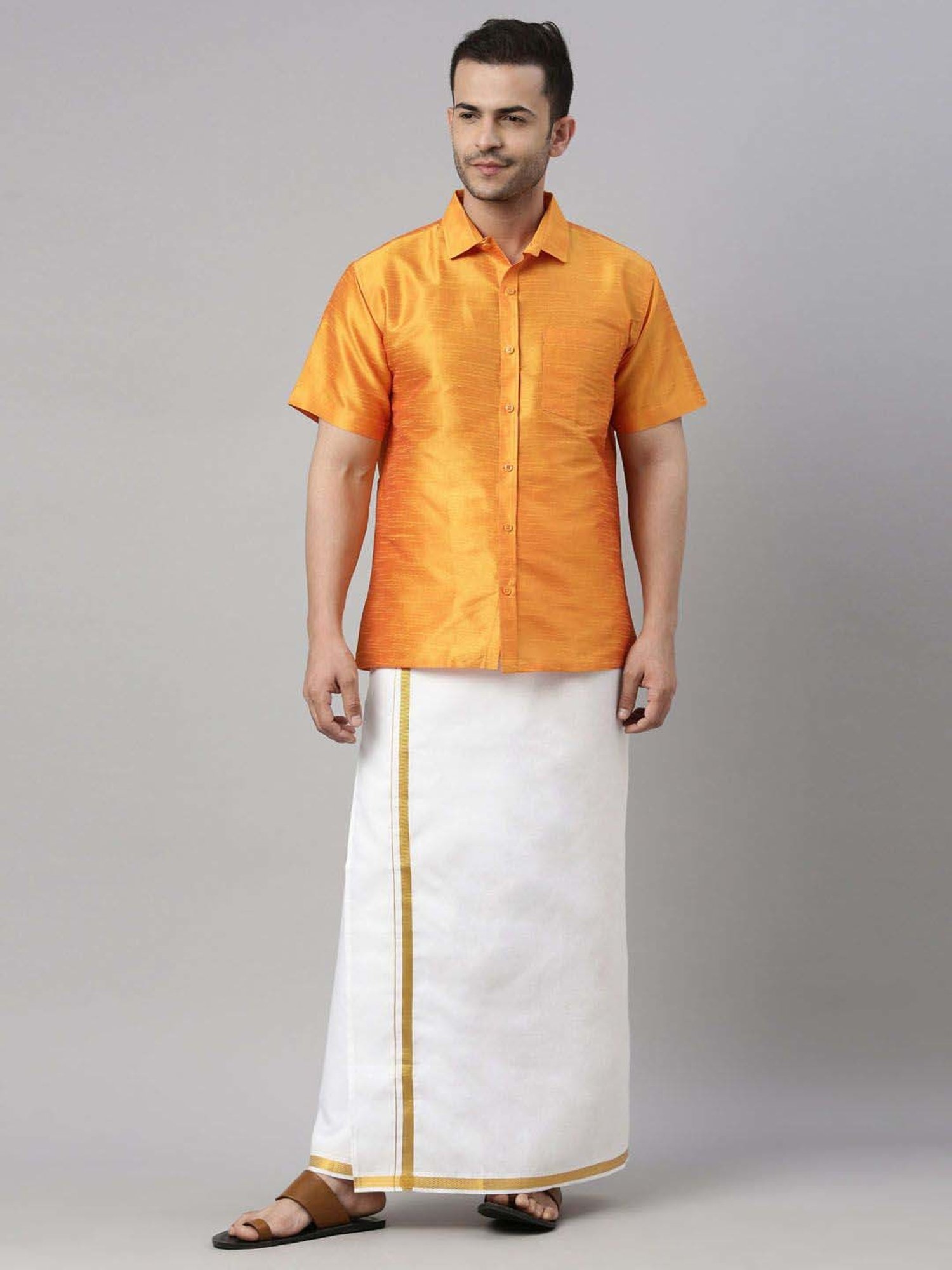 Vastramay Orange & White Regular Fit Ethnic Shirt With Mundu