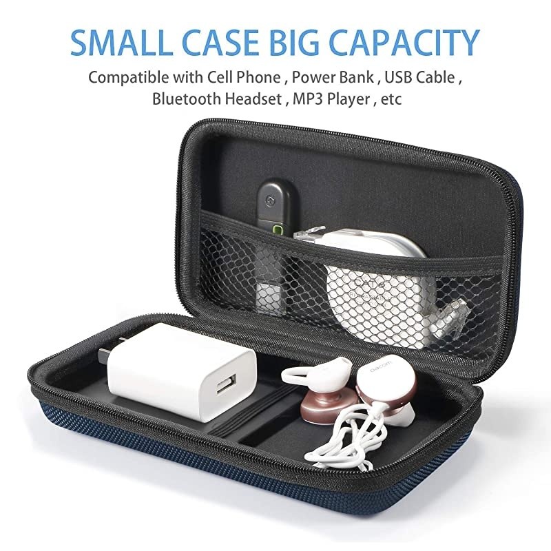 Hard EVA Protective Case  Portable Storage Case for Charging Cable Power Bank Hard Drive Cell Phone External Battery Small Travel Case Mesh Inner Pocket + Zipper Enclosure Grey Blue