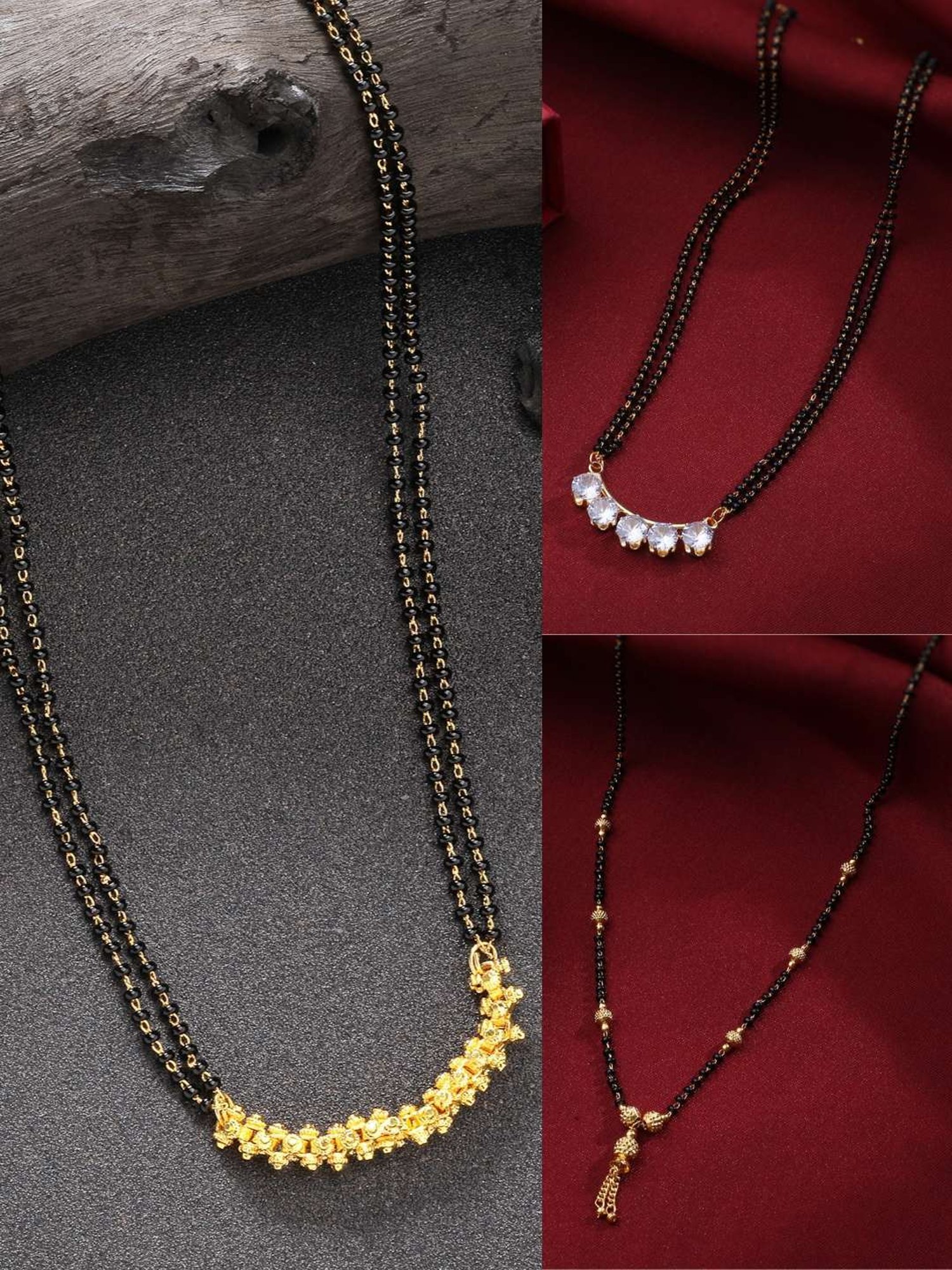 NVR Women's Gold-Plated CZ Stone-Studded & Beaded Mangalsutra - Set of 3