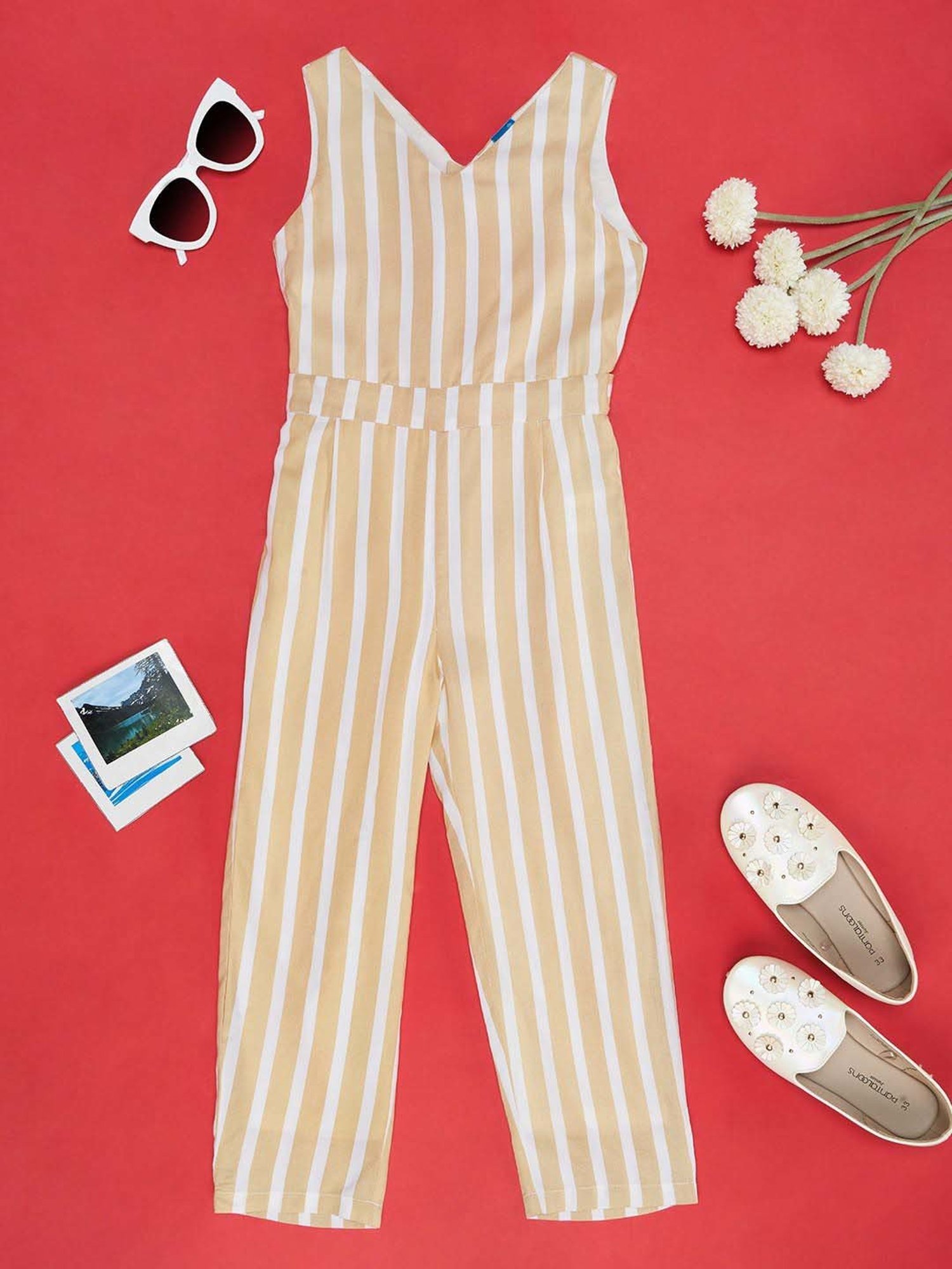 YU by Pantaloons Kids Beige Striped Jumpsuit