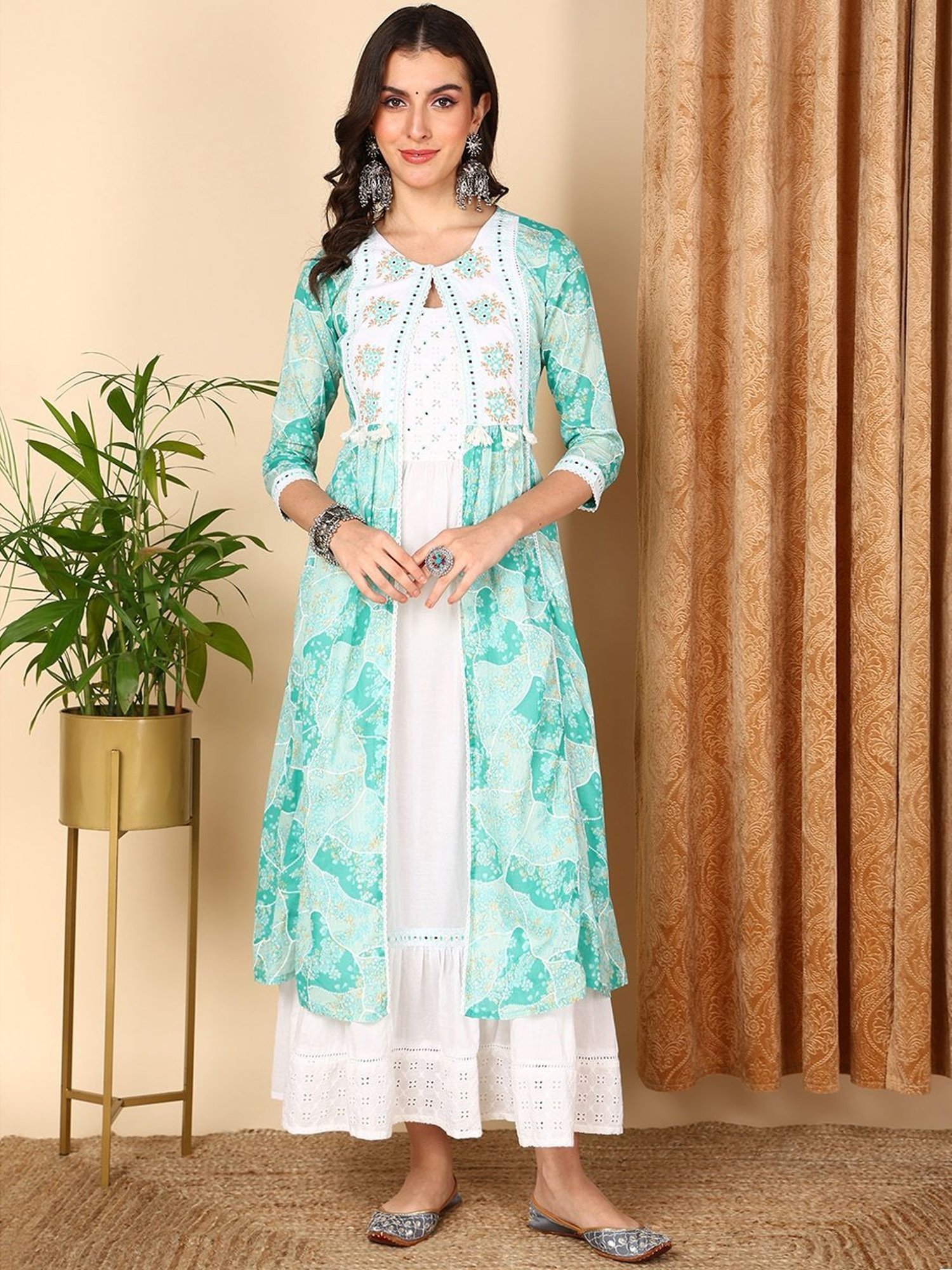 Vaamsi Turquoise Cotton Printed A-Line Dress With Jacket