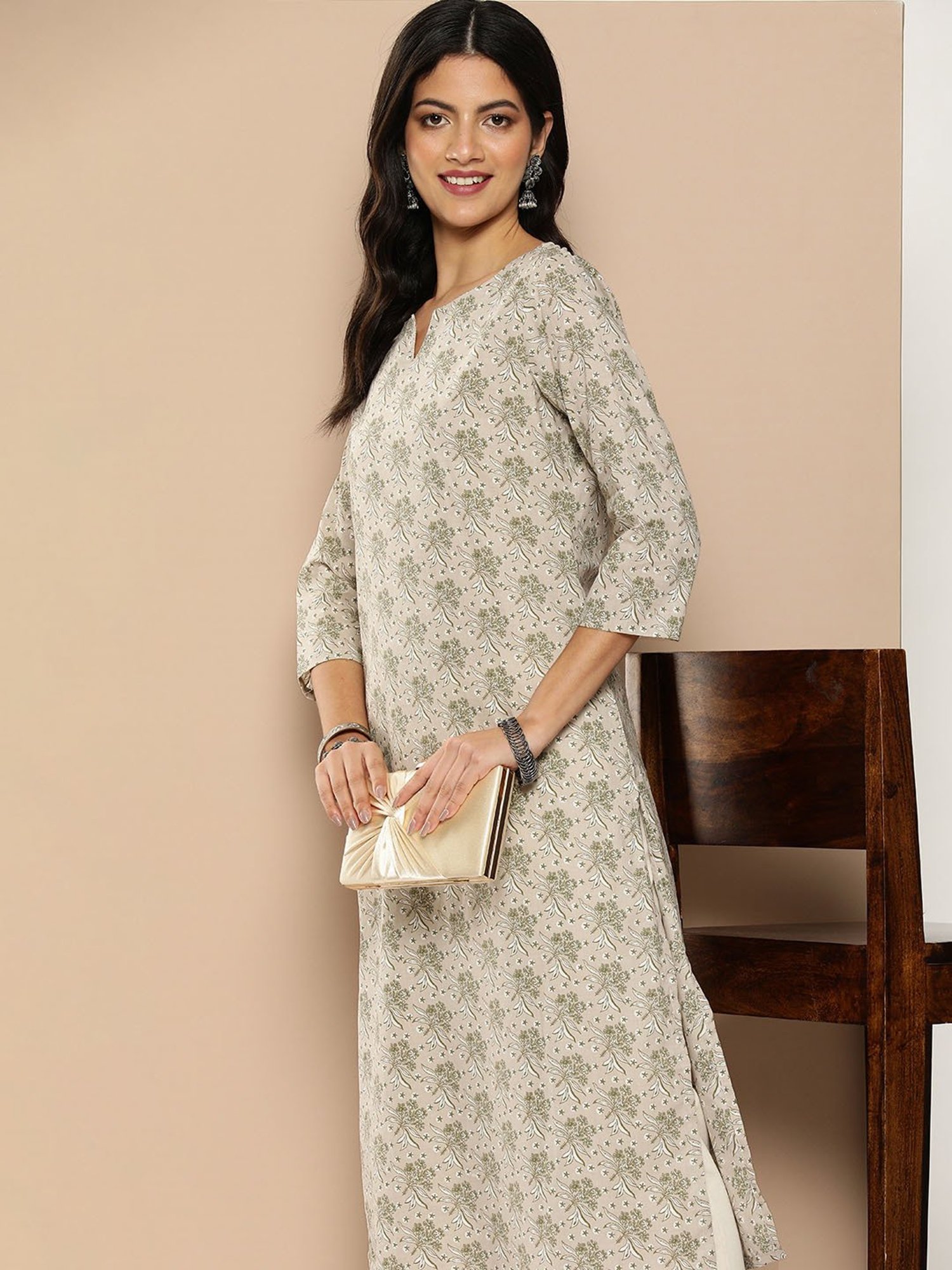 Amukti Beige Cotton Floral Print A Line kurta
