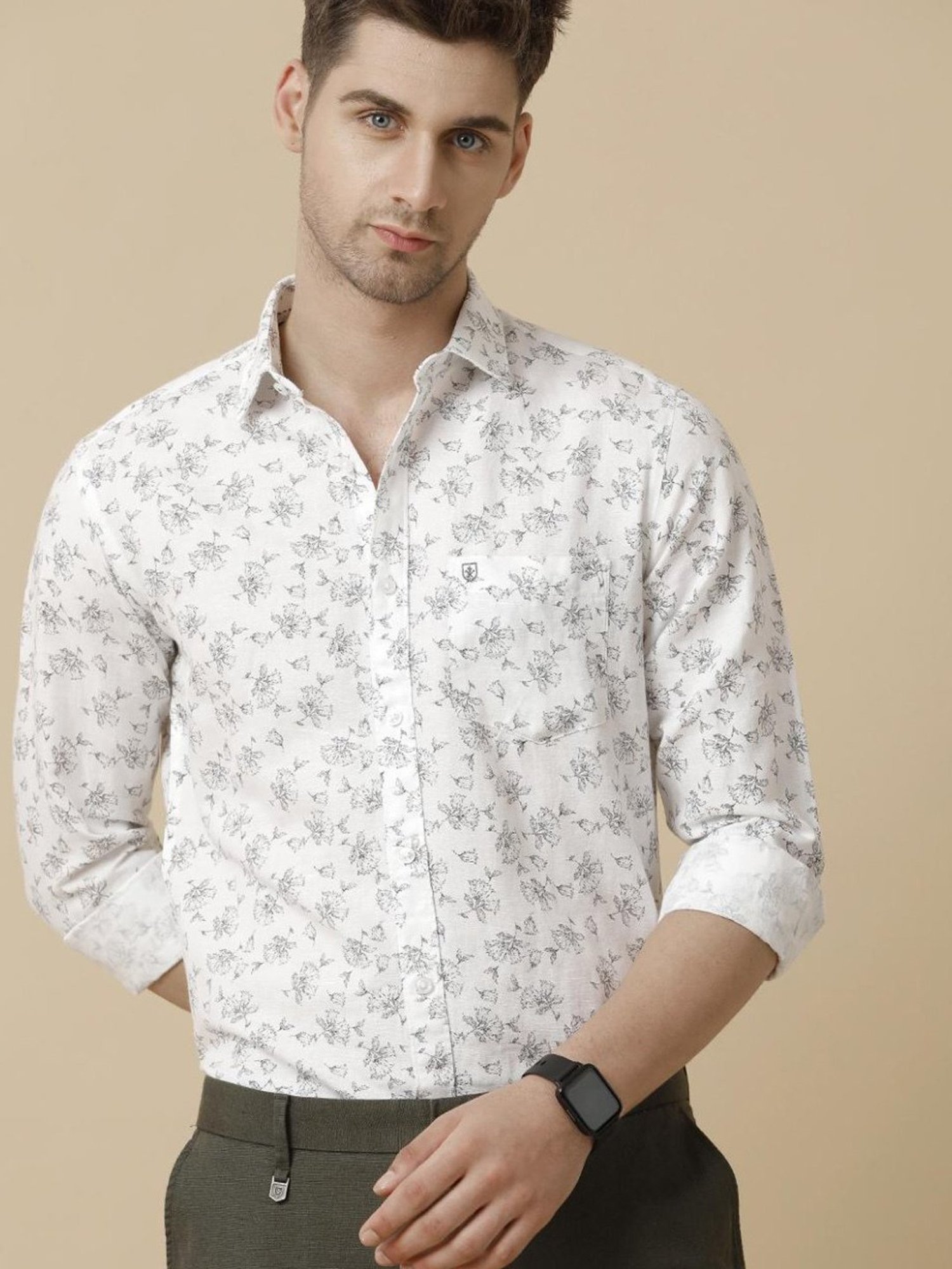 Linen Club White Linen Contemporary Fit Printed Shirt