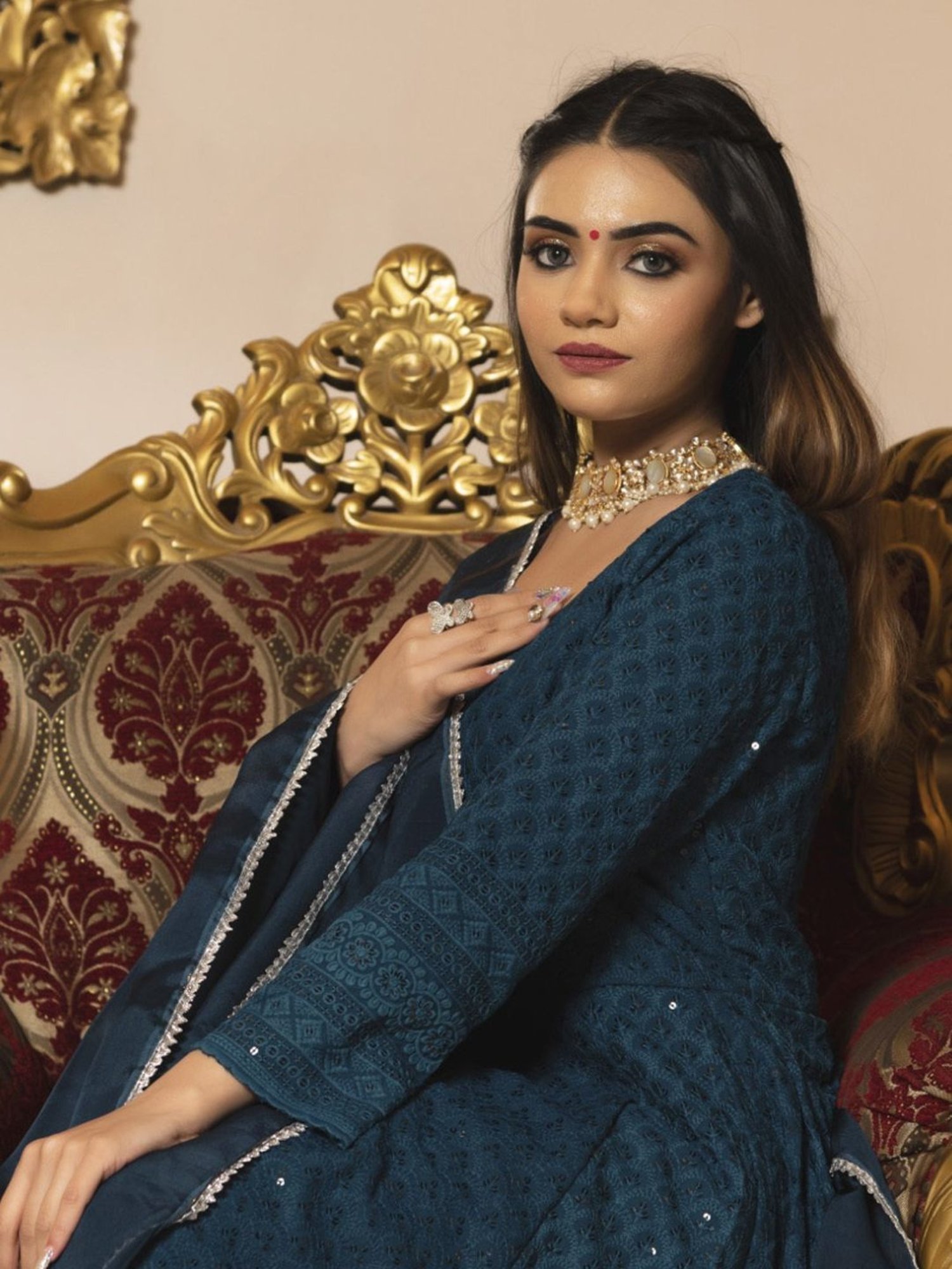 Calmna Blue Sea View Chikankari Anarkali Suit Set