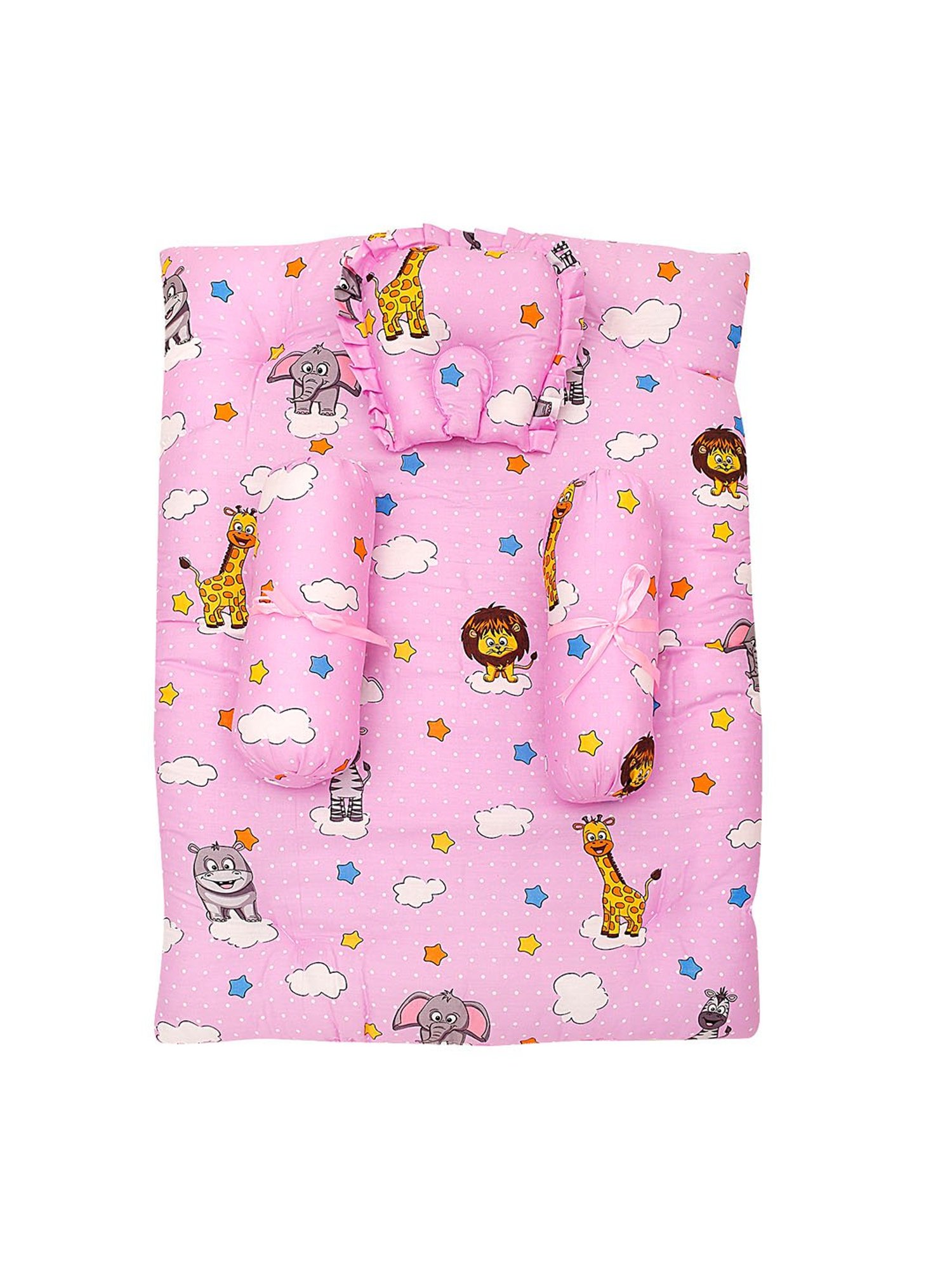 Baby Moo Flying Animals Pink Mattress Set with Neck Pillow and Bolsters