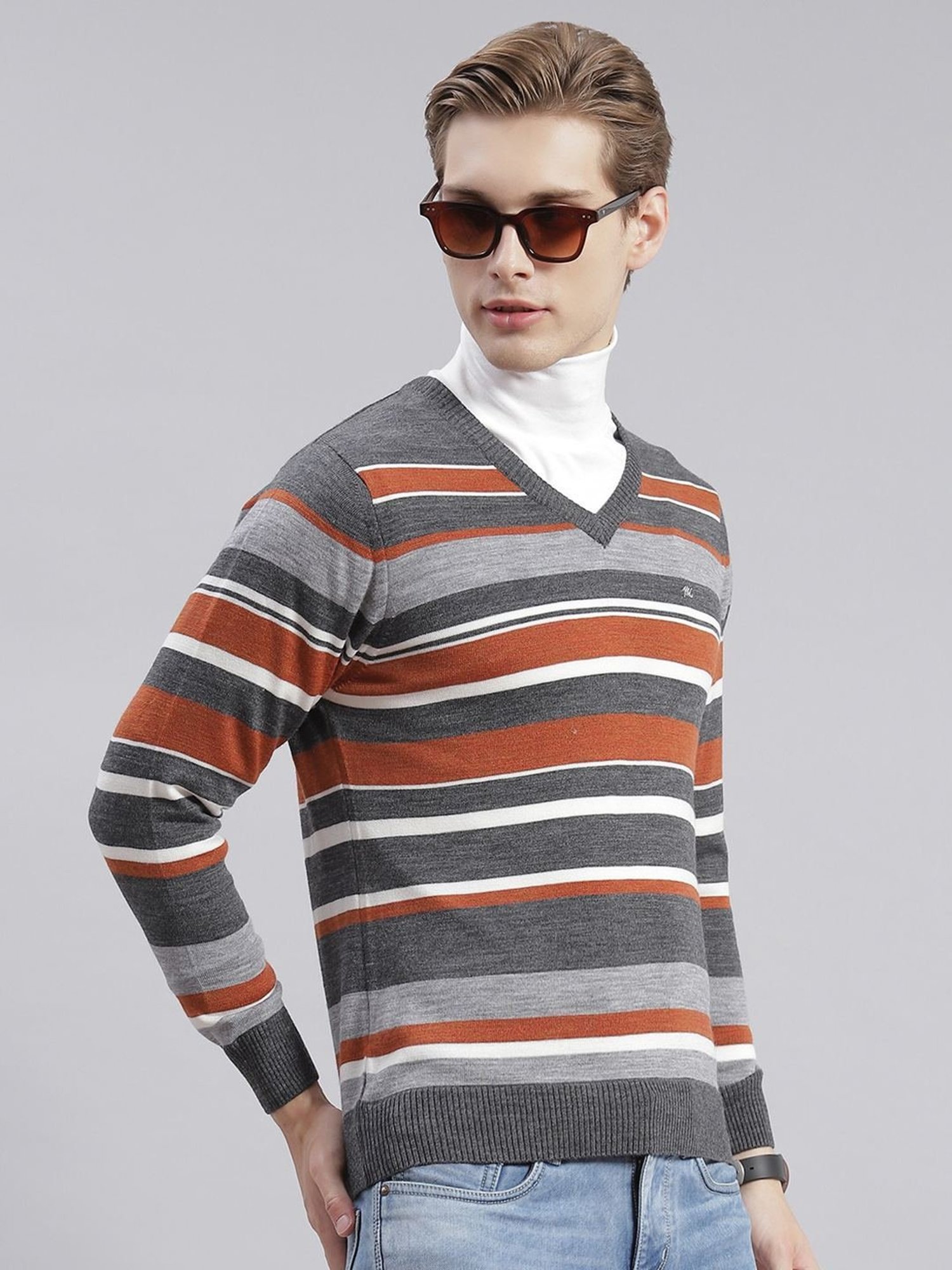 Monte Carlo Mid Grey Regular Fit Striped Sweater