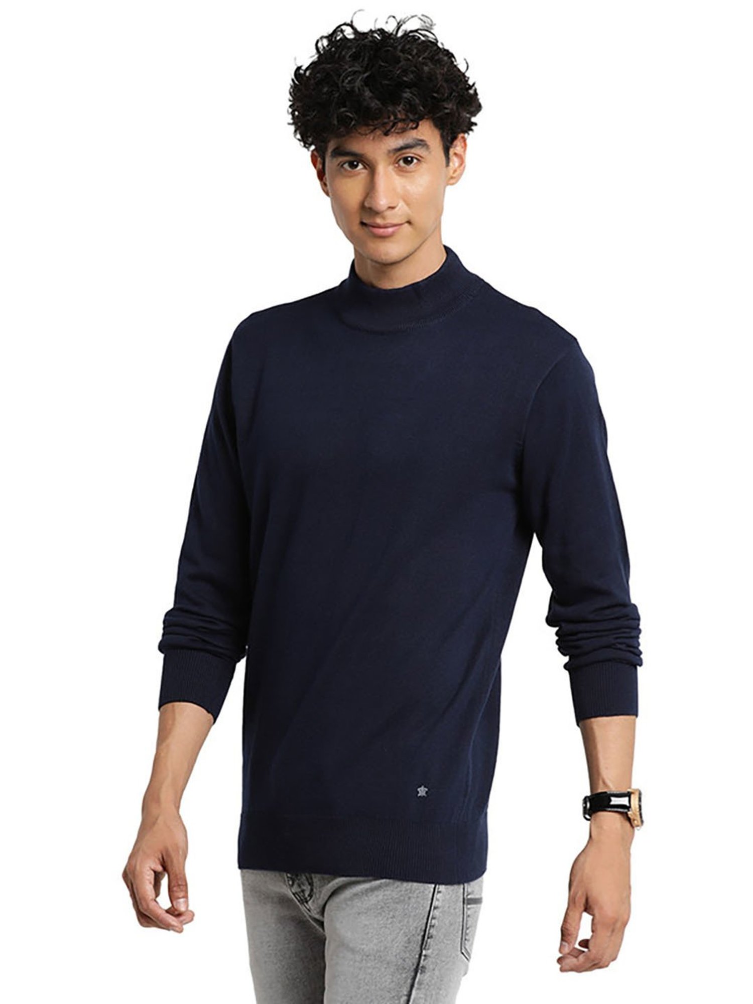 Turtle Navy Cotton Regular Fit Sweater