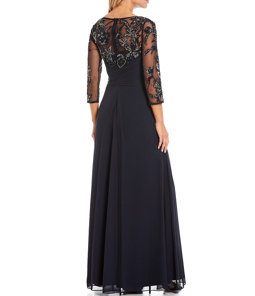 Adrianna Papell Beaded Bodice Round Neck 3/4 Sleeve Jersey Long Gown