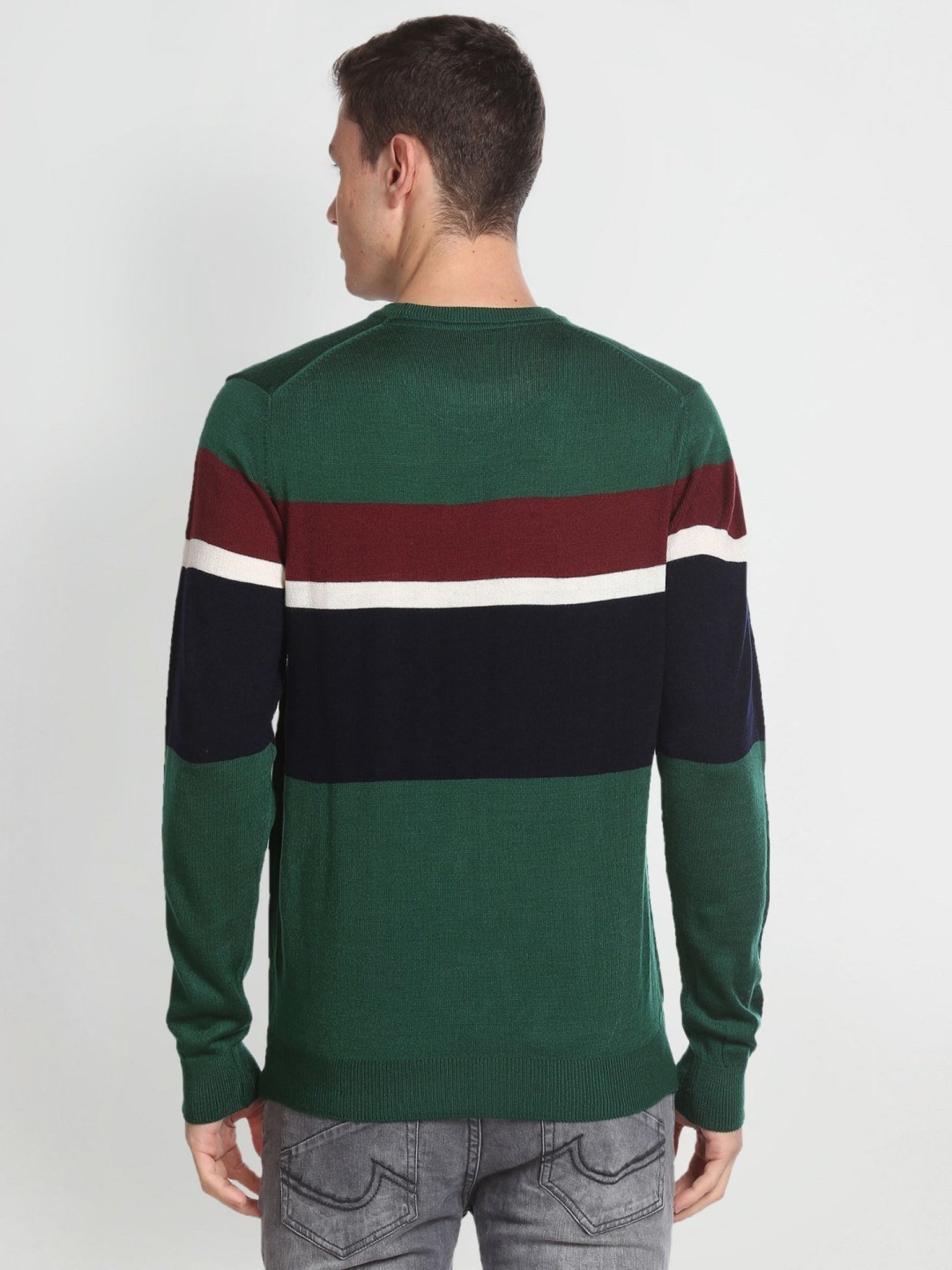 Arrow Sport Green Regular Fit Colour Block Sweater