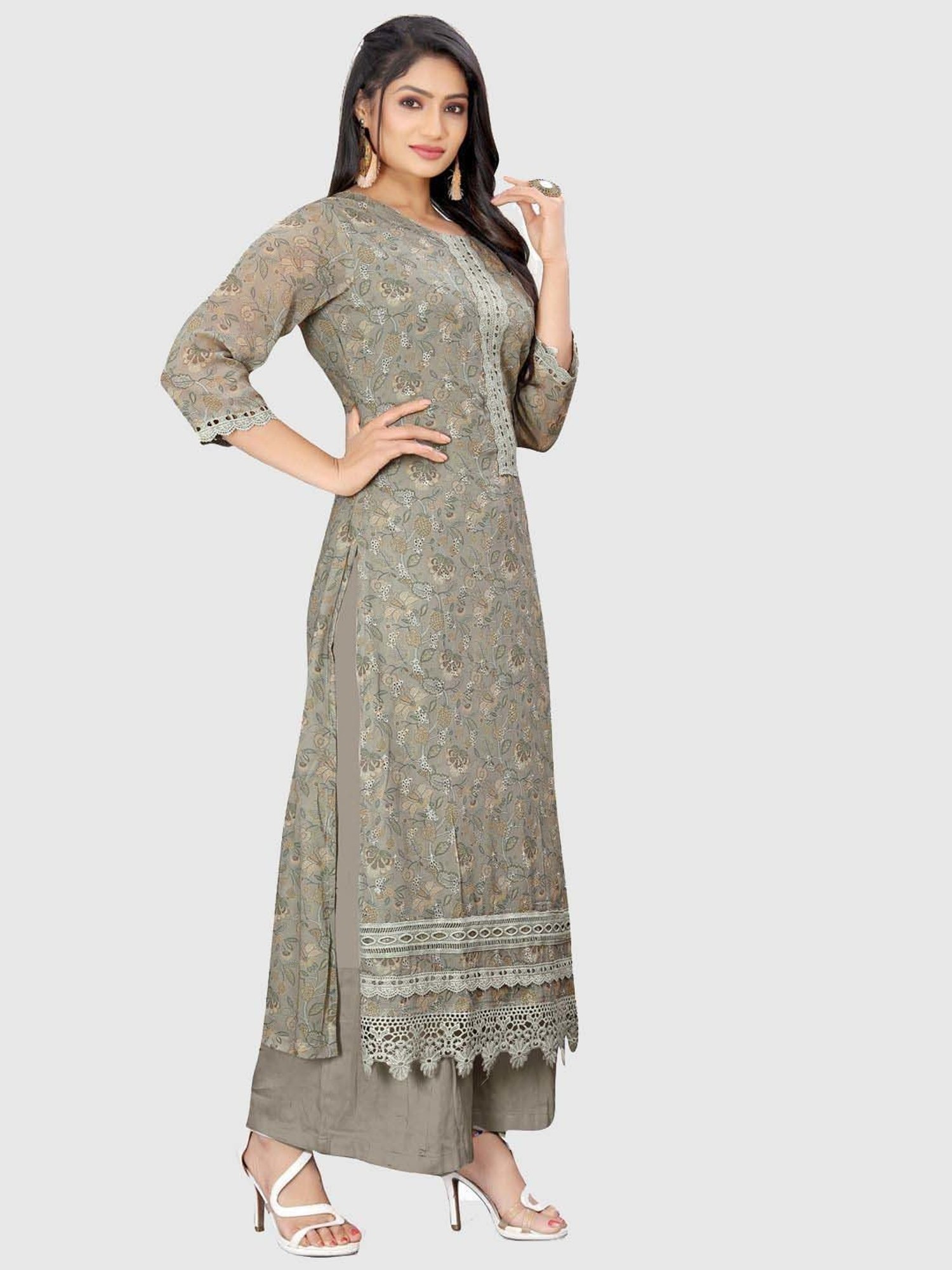 Stylee LIFESTYLE Grey Floral Print Unstitched Dress Material