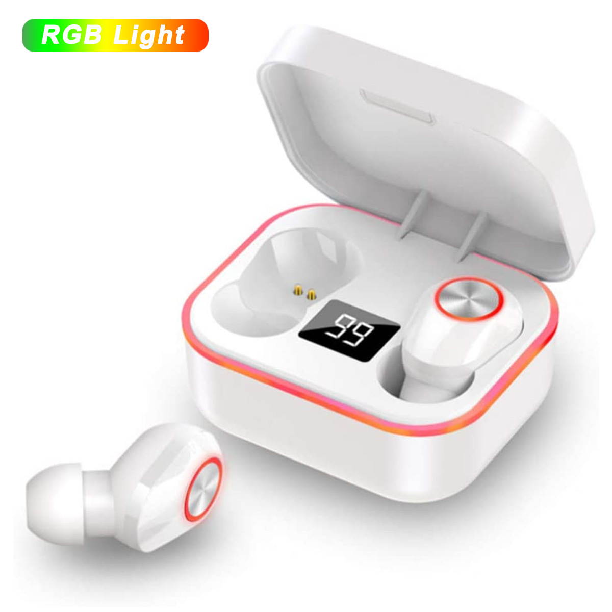 LED Wireless Earbuds, TWS Bluetooth 5.1 Headphones Stereo Sound Earphones 46H Playtime Charging Case Gaming Headsets Sweat Proof Dual Headset with Built-in Noise Cancelling Mic for Sports, White, BE56