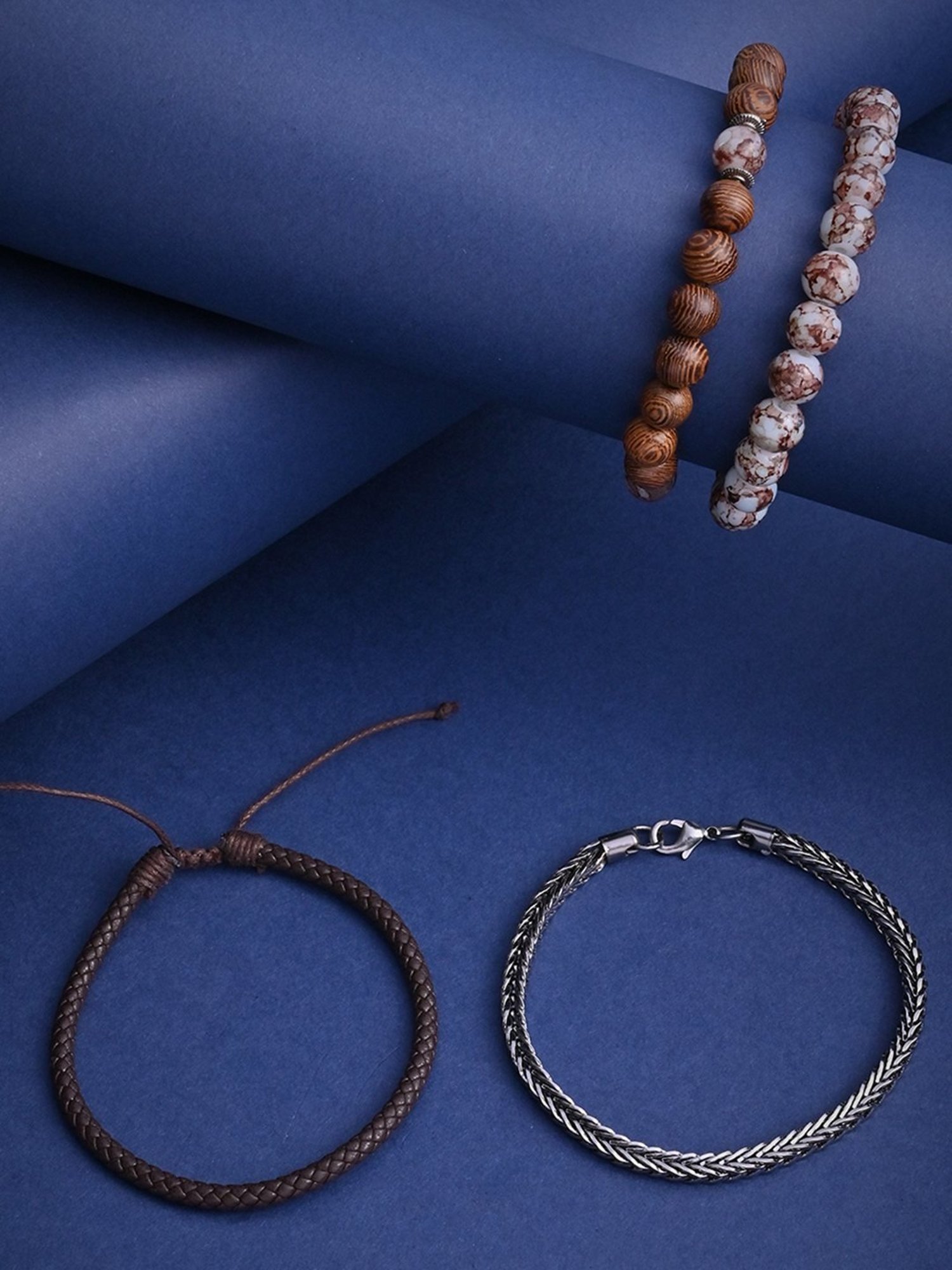 The Bro Code Brown Party Men's Beaded, Cuban Link with Fabric Knotted Stack Bracelet - Set of 4