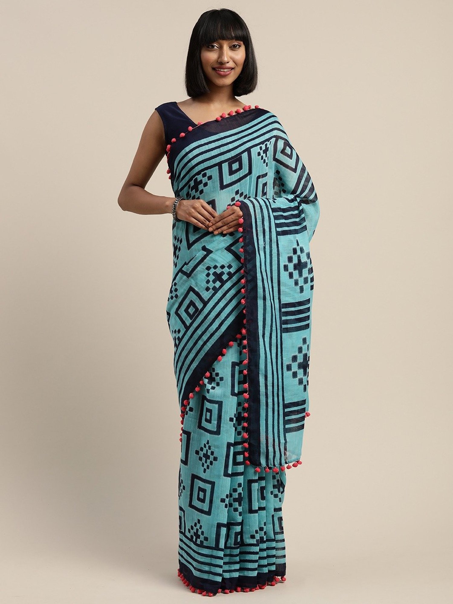 Vaamsi Blue Printed Saree With Unstitched Blouse